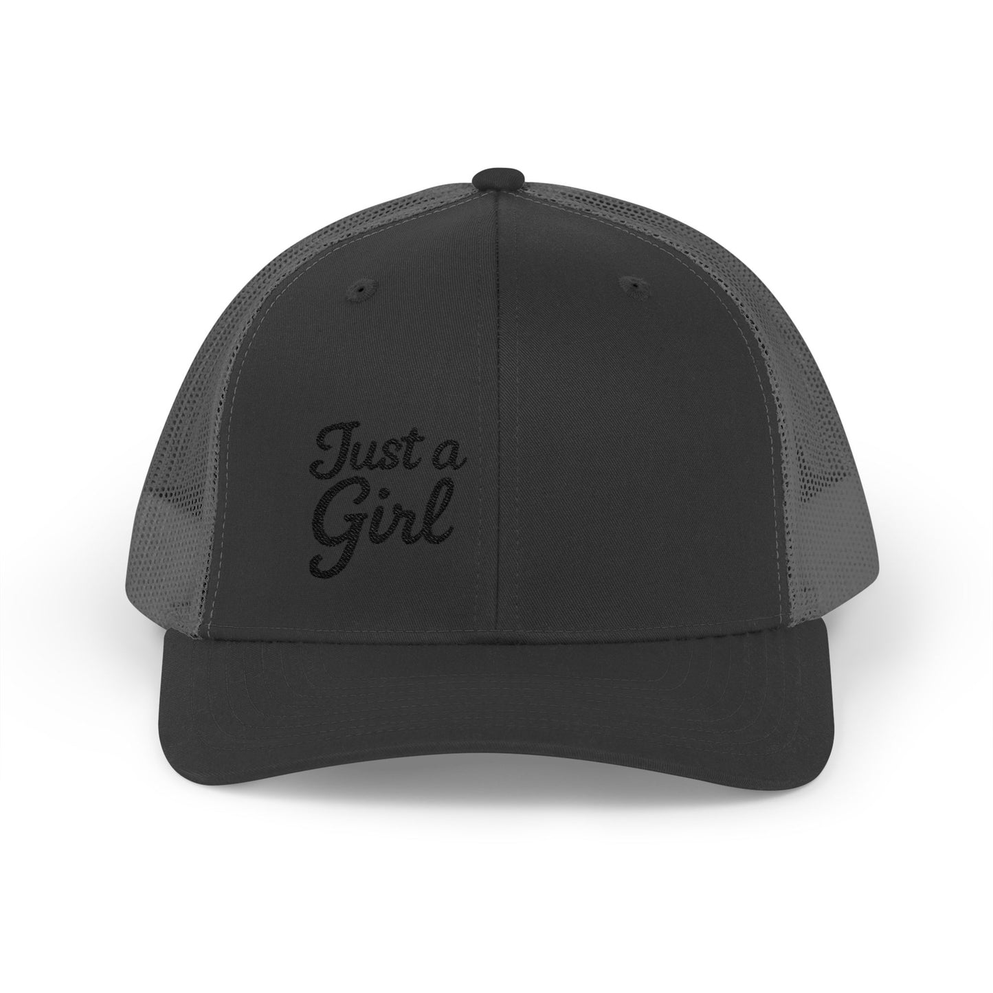 Just a Girl Trucker Hat – Minimalist Script Hat with Bold Feminine Energy and Classic Style. Black Letters