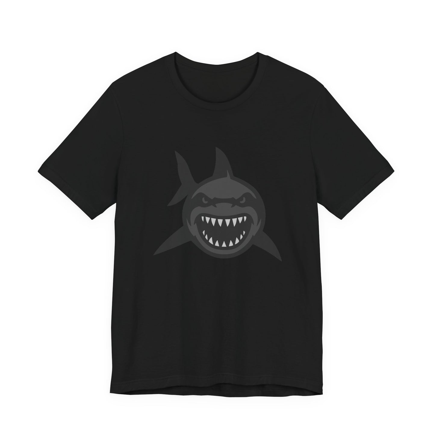 Ferocious Shark Face Graphic Tee with a Bold Bite – Dark Theme Ocean Predator Shirt in Black and Grey. Unisex Jersey Short Sleeve Tee
