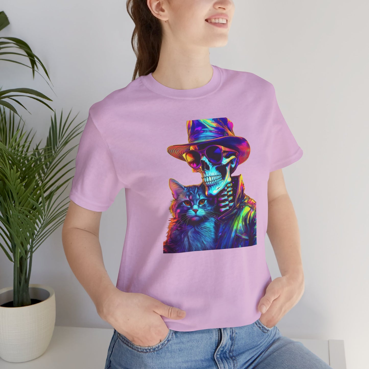 Cool Skeleton and Cat Halloween Shirt – Neon Retro Horror Graphic Tee for Spooky Style and Cat Lovers