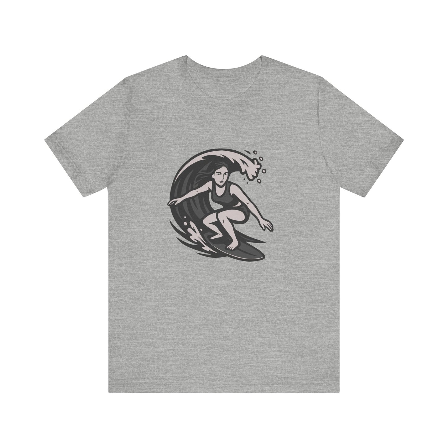 Surf Girl Graphic T-Shirt – Dark Theme Grayscale Female Surfer Riding Wave on Black Tee with Flow State Energy and Modern Ghost Effect. Unisex Jersey Short Sleeve Tee