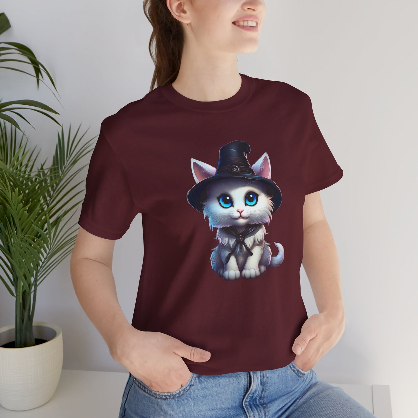 Adorable Witch Cat Halloween Shirt – Cute White Cat in Hat Graphic Tee for Cat Lovers and Halloween Fans