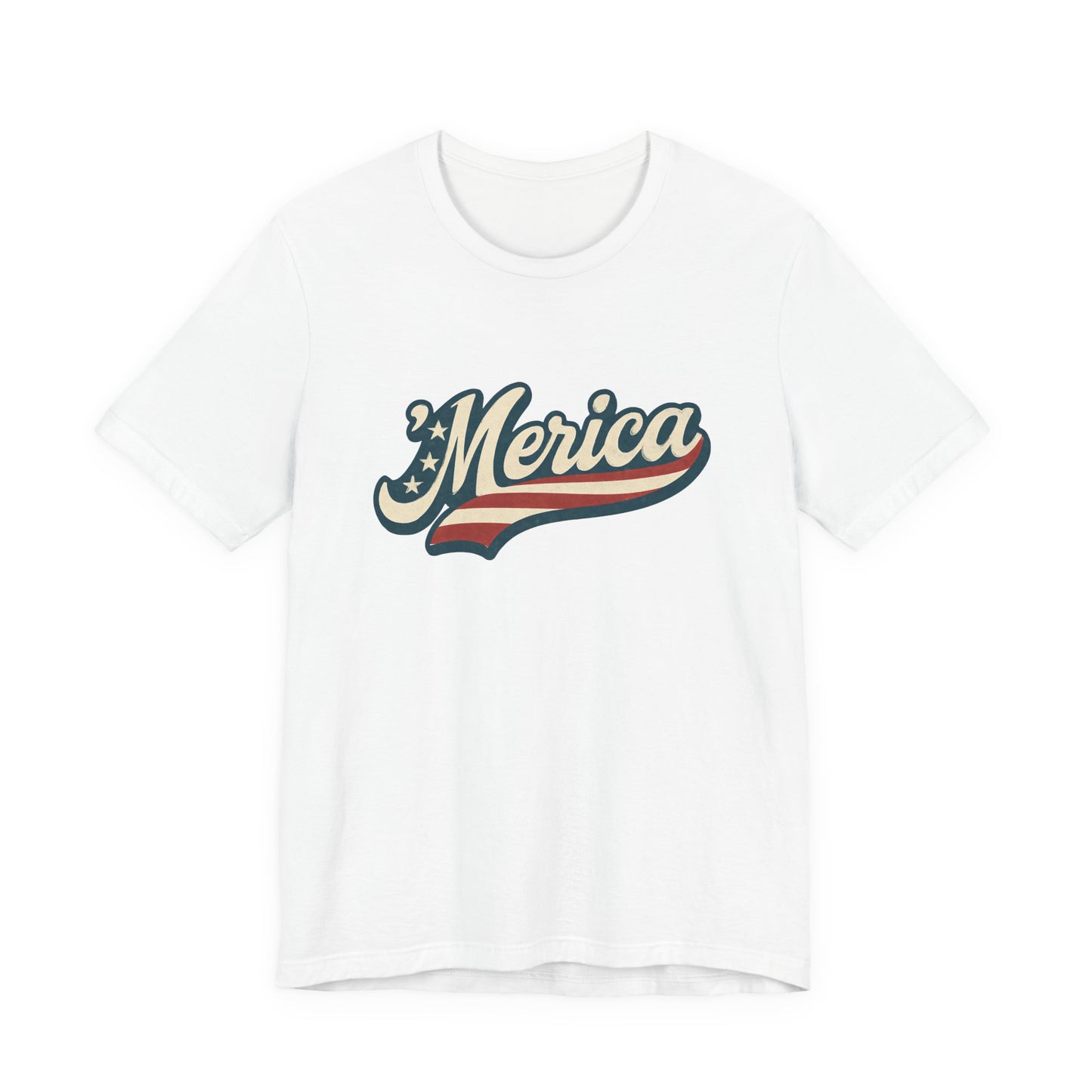 'Merica Vintage Script Shirt – Patriotic Retro USA Tee for 4th of July – Independence Day American Pride Design. Unisex Jersey Short Sleeve Tee