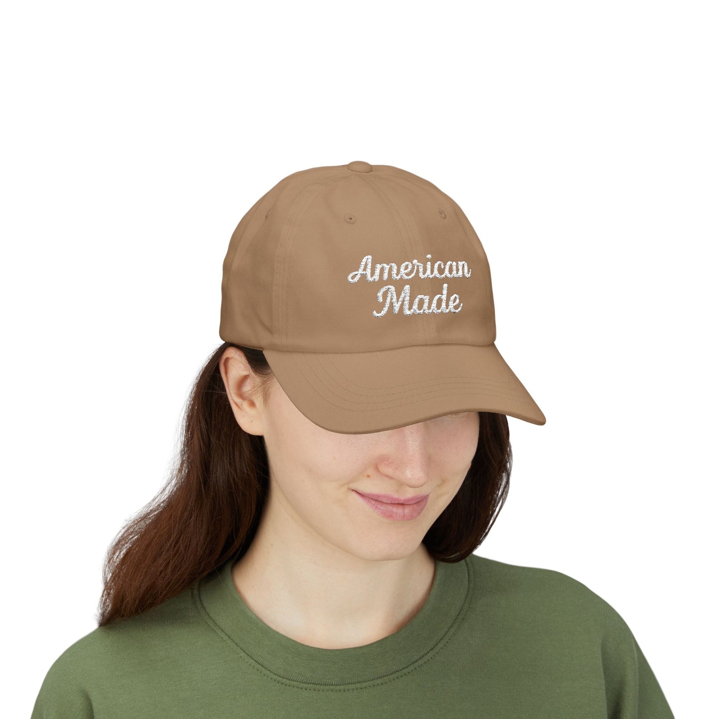 American Made Classic Dad Hat – Embroidered Patriotic Baseball Hat with Retro Script for USA Pride and Everyday Wear. White Letters