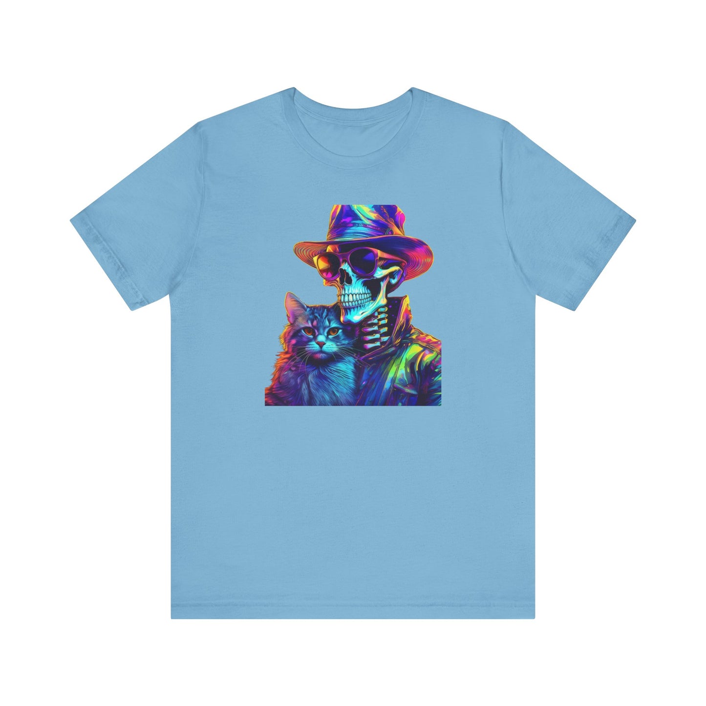 Cool Skeleton and Cat Halloween Shirt – Neon Retro Horror Graphic Tee for Spooky Style and Cat Lovers