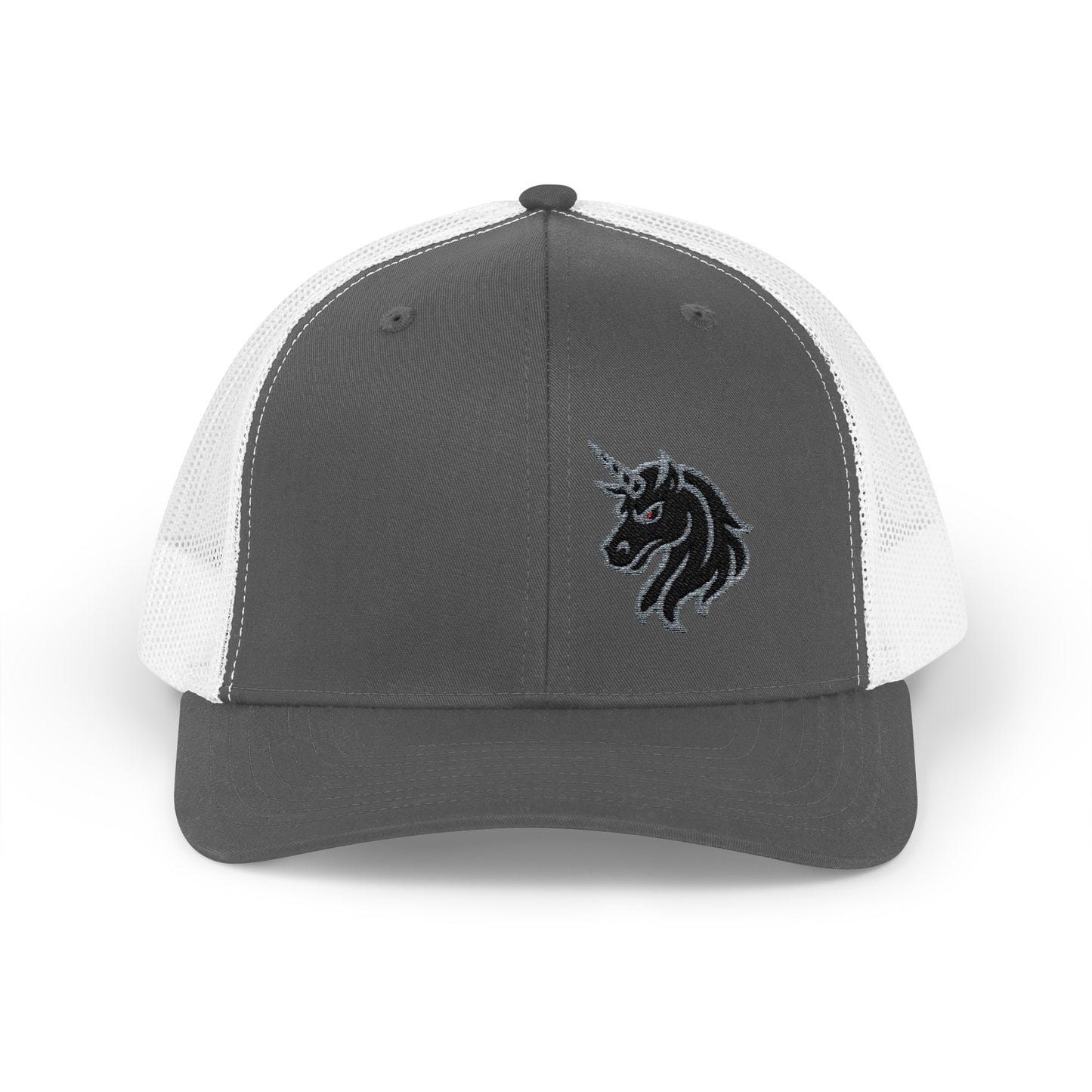 Angry Unicorn Trucker Hat – Embroidered Gothic Fantasy Hat with Red Eyes and Fierce Horned Design