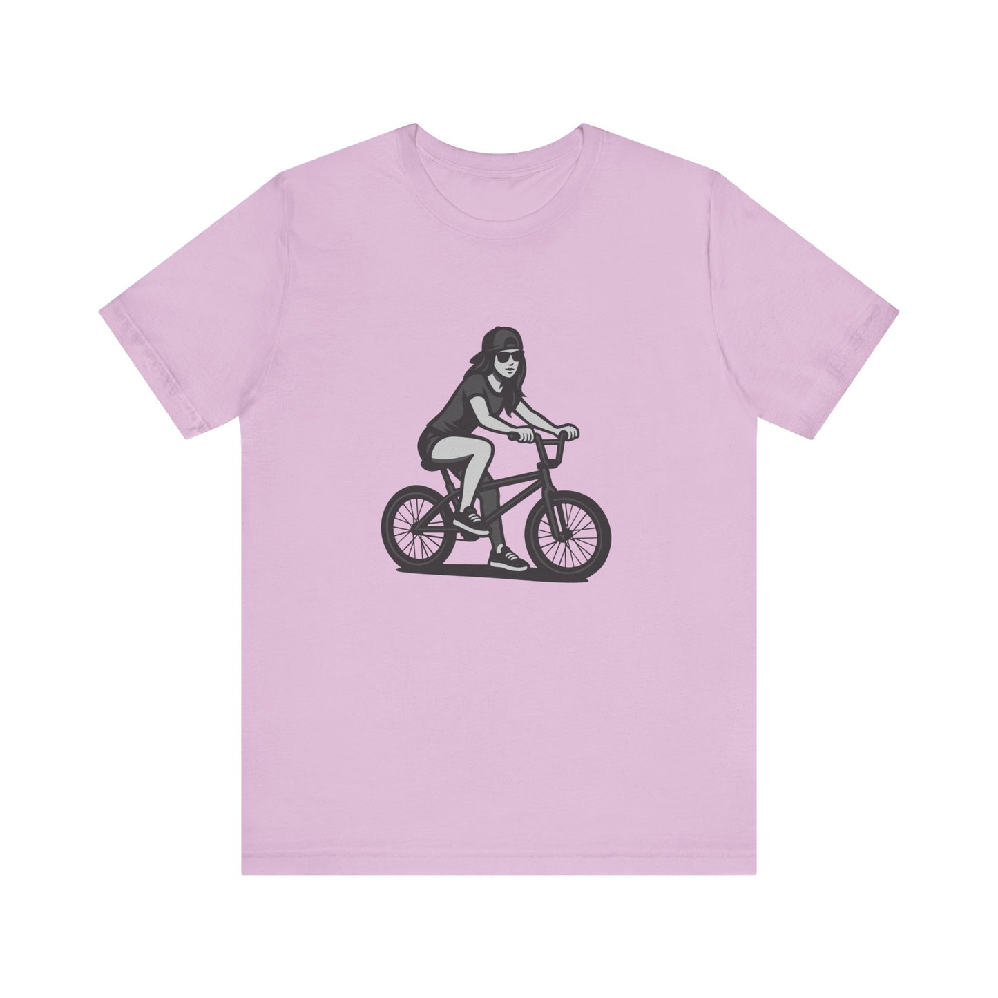 Cool Girl on Bike Graphic T-Shirt – Laid-Back Dark Theme Grayscale Rider Design on Black Tee with Street Style and Subtle Modern Ghost Effect. Unisex Jersey Short Sleeve Tee