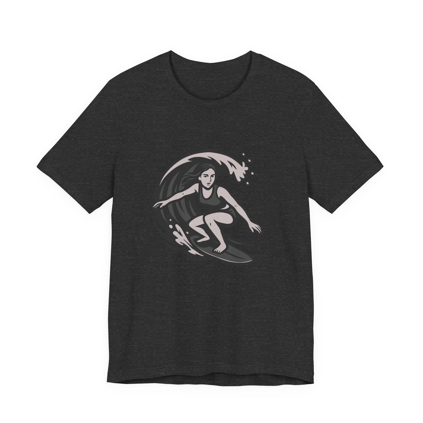 Surf Girl Graphic T-Shirt – Dark Theme Grayscale Female Surfer Riding Wave on Black Tee with Flow State Energy and Modern Ghost Effect. Unisex Jersey Short Sleeve Tee