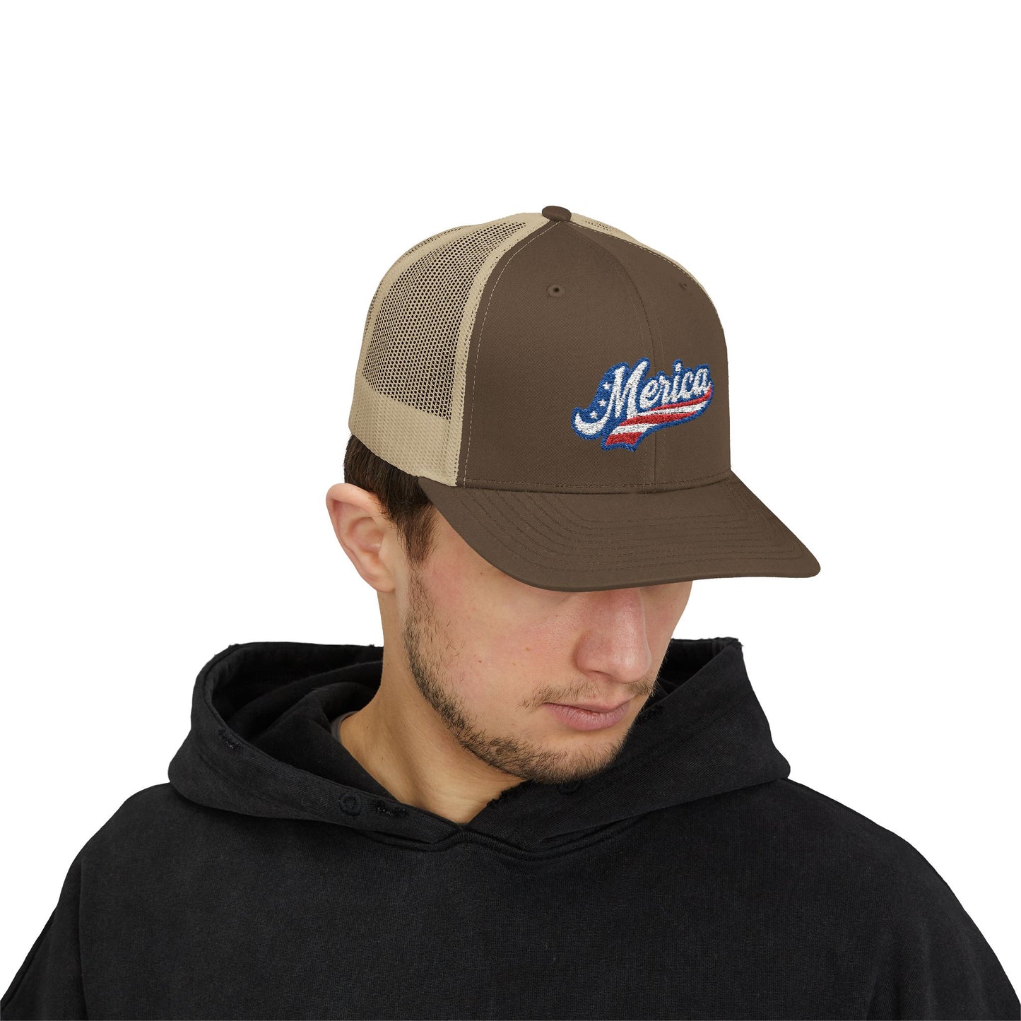 Merica Trucker Hat – Patriotic Embroidered Hat with Vintage Sports Style