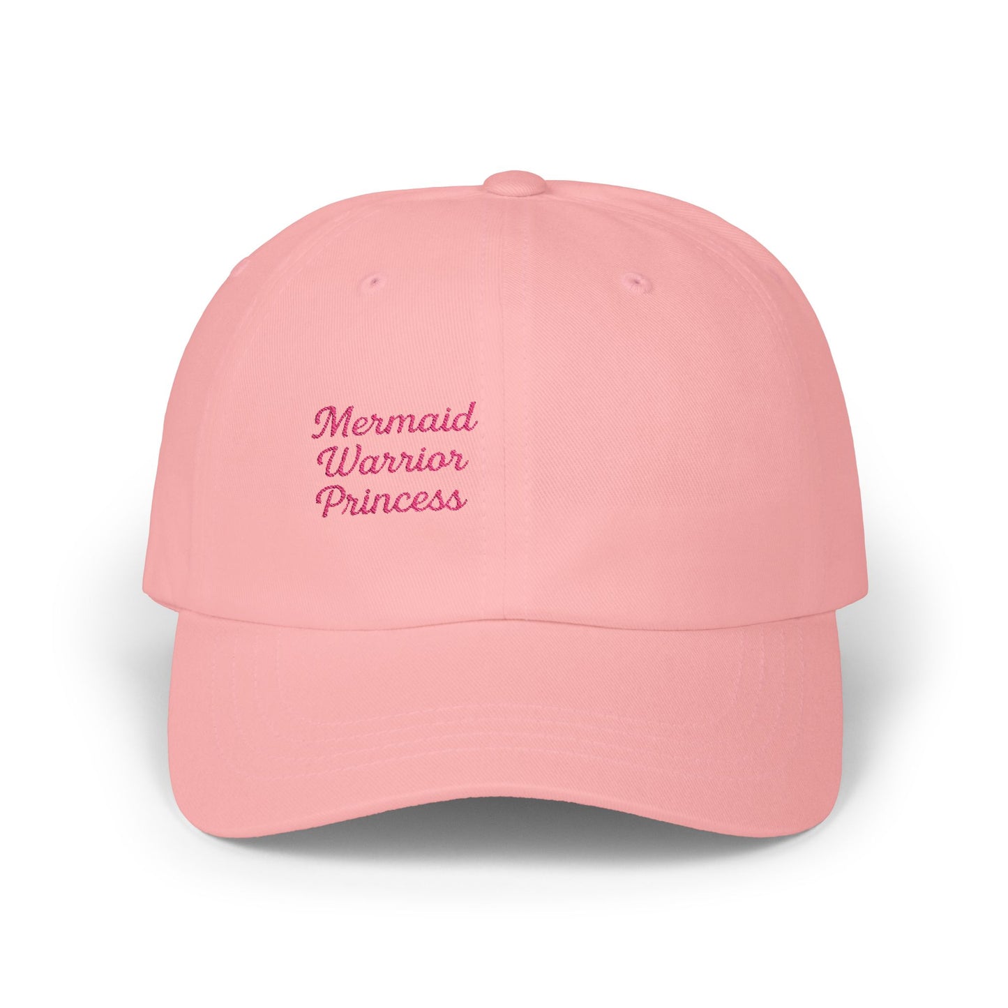 Mermaid Warrior Princess Embroidered Classic Dad Hat – Bold Text Hat for Ocean Queens, Fantasy Fans, and Fierce Beach Style. Pink Letters