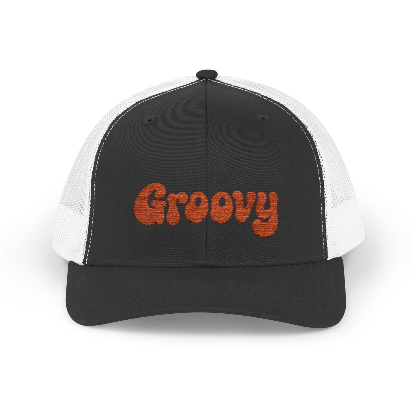 Groovy Trucker Hat – Retro Embroidered Hat with 70s Style Font for Funky Vibes, Chill Days, and Vintage Cool. Orange Letters