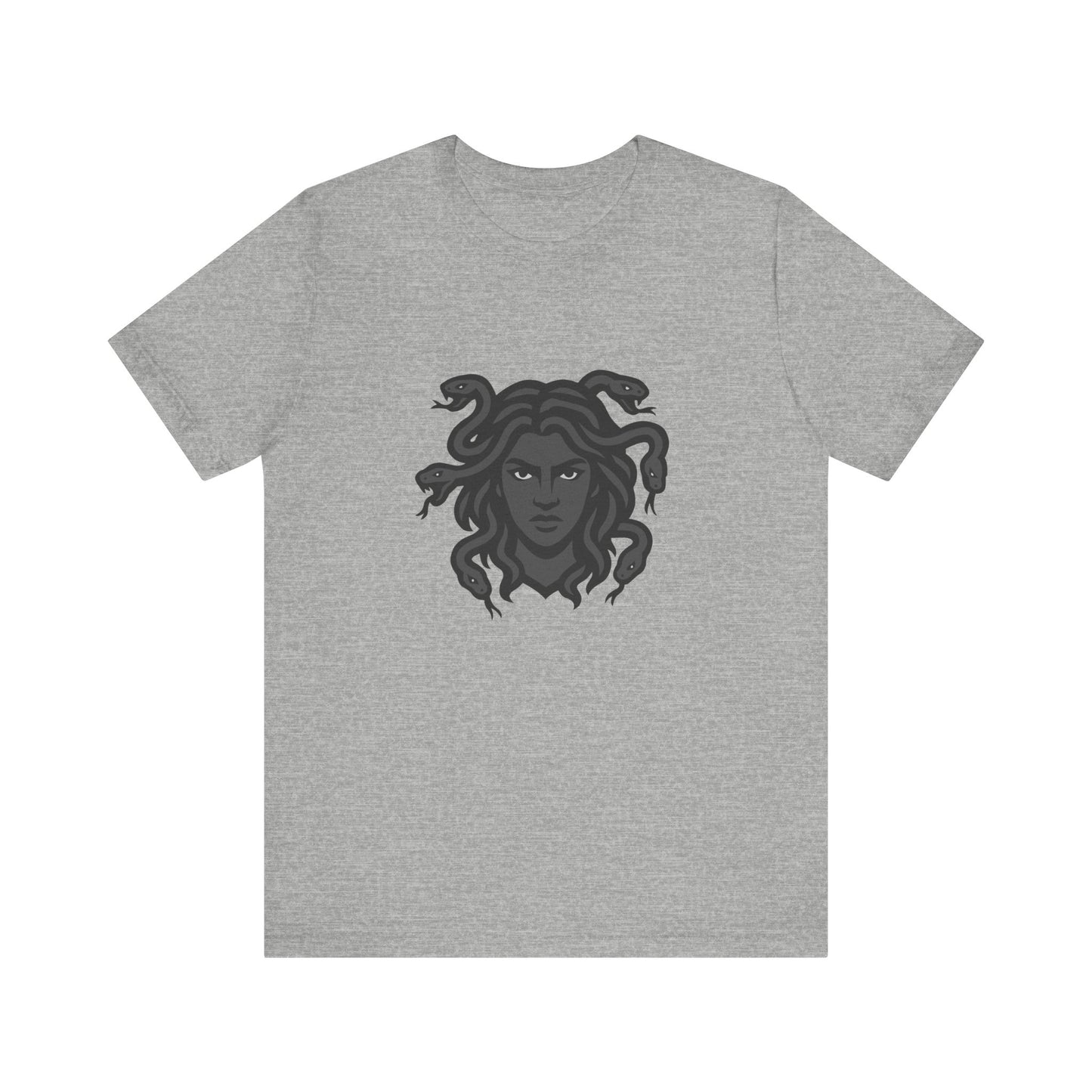 Medusa Graphic T-Shirt – Dark Theme Grayscale Snake-Haired Gorgon Design on Black Tee with Dark Myth Vibe and Modern Ghost Effect. Unisex Jersey Short Sleeve Tee