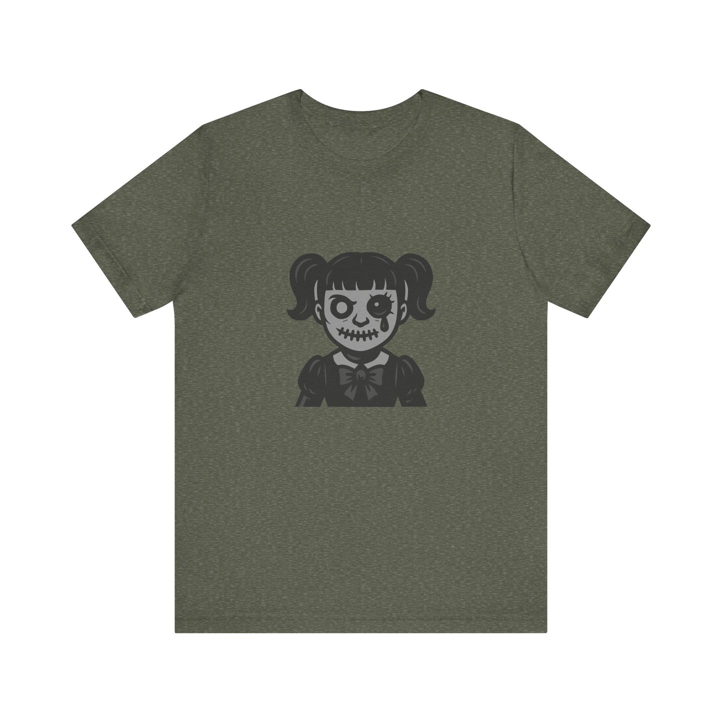 Scary Doll Graphic T-Shirt – Dark Theme Grayscale Creepy Cute Girl Design on Black Tee with Haunted Vibes and Modern Ghost Effect. Unisex Jersey Short Sleeve Tee