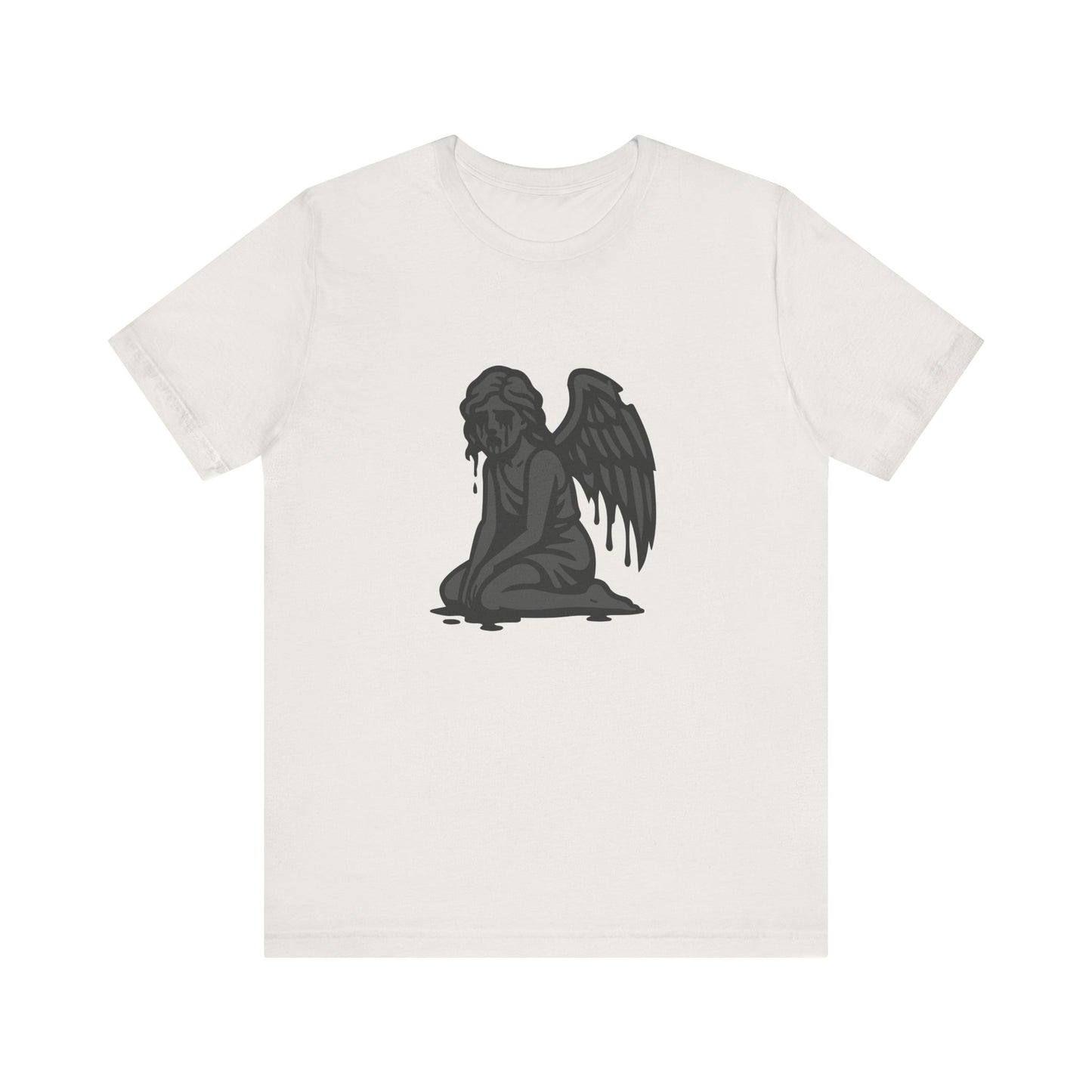 Fallen Angel Dark Theme Graphic T-Shirt – Dark Grayscale Crying Angel Design on Black Tee with Gothic Mood and Modern Ghost Effect. Unisex Jersey Short Sleeve Tee