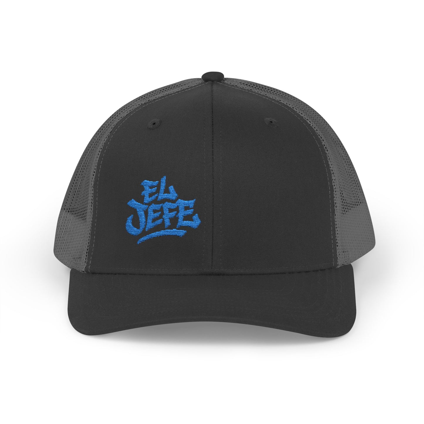 El Jefe Trucker Hat – Embroidered Bold Text Hat for Boss Energy, Leadership Style, and Latin Flair. Blue Letters