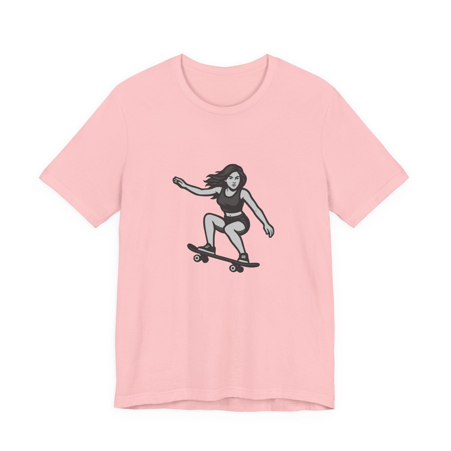 Skater Girl Graphic T-Shirt – Dark Theme Grayscale Skateboarding Design on Black Tee with Bold Motion and Modern Ghost Effect. Unisex Jersey Short Sleeve Tee