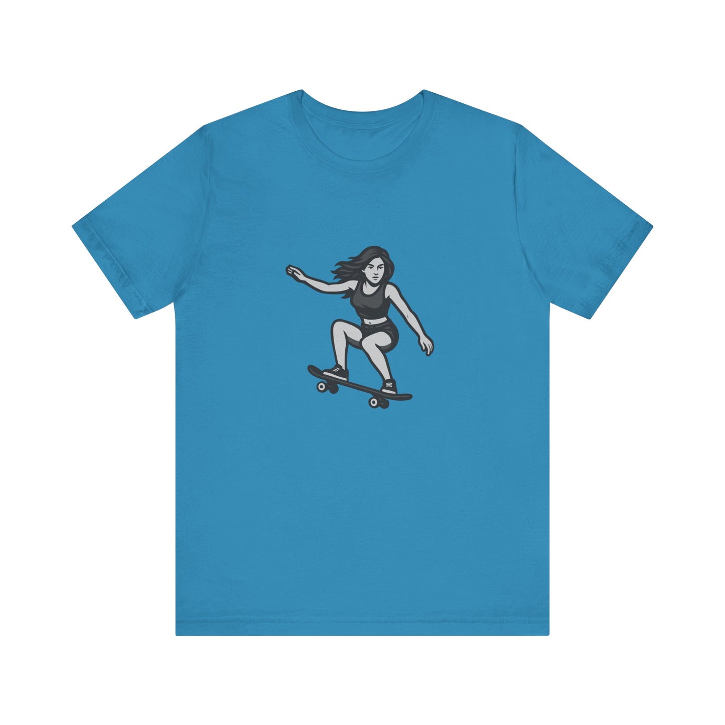 Skater Girl Graphic T-Shirt – Dark Theme Grayscale Skateboarding Design on Black Tee with Bold Motion and Modern Ghost Effect. Unisex Jersey Short Sleeve Tee