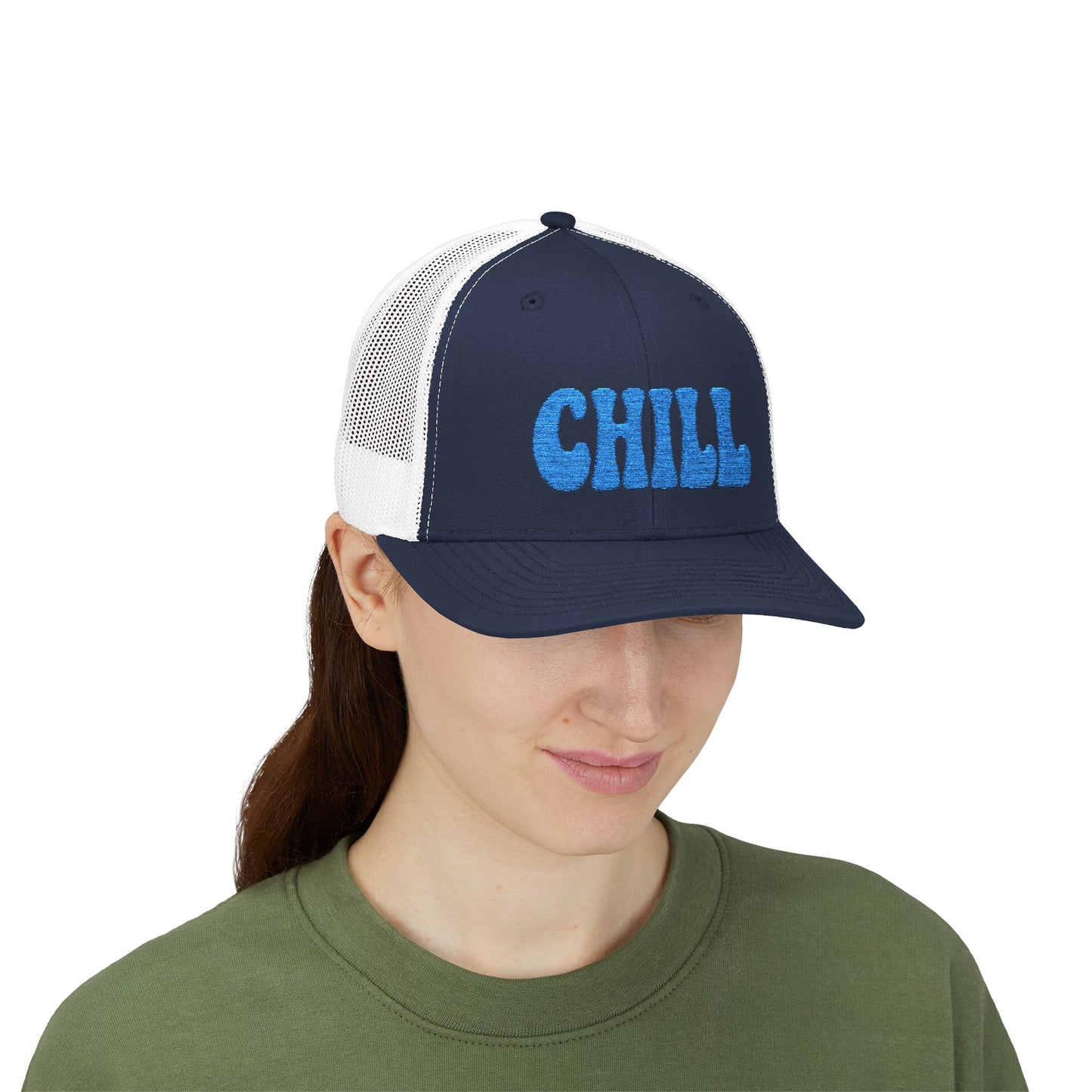 Chill Trucker Hat – Embroidered Relaxed Script Hat for Easygoing Vibes and Everyday Cool. Blue Letters