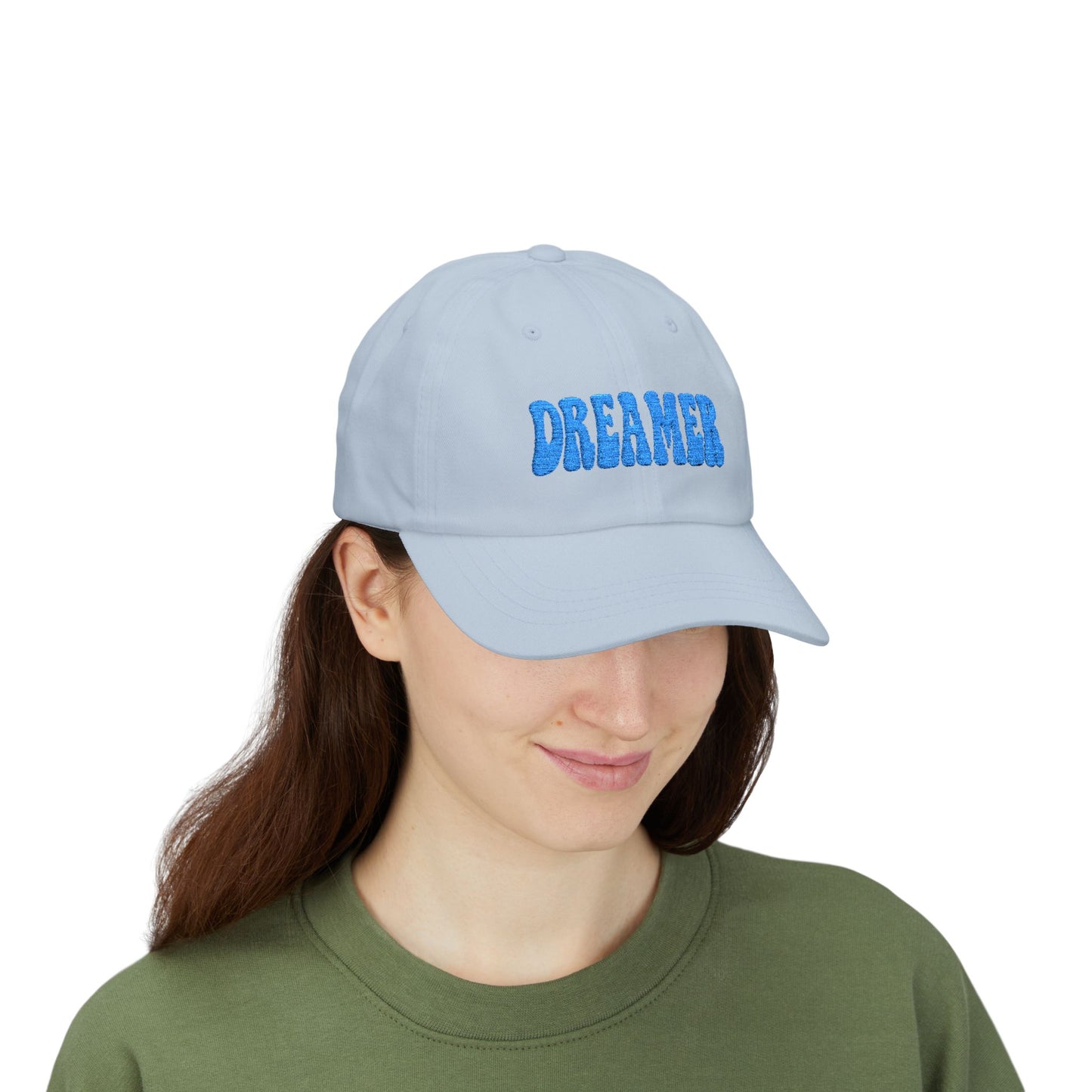 Dreamer Classic Dad Hat – Embroidered Minimalist Script Hat for Visionaries, Creatives, and Chill Daydreamers. Blue Letters
