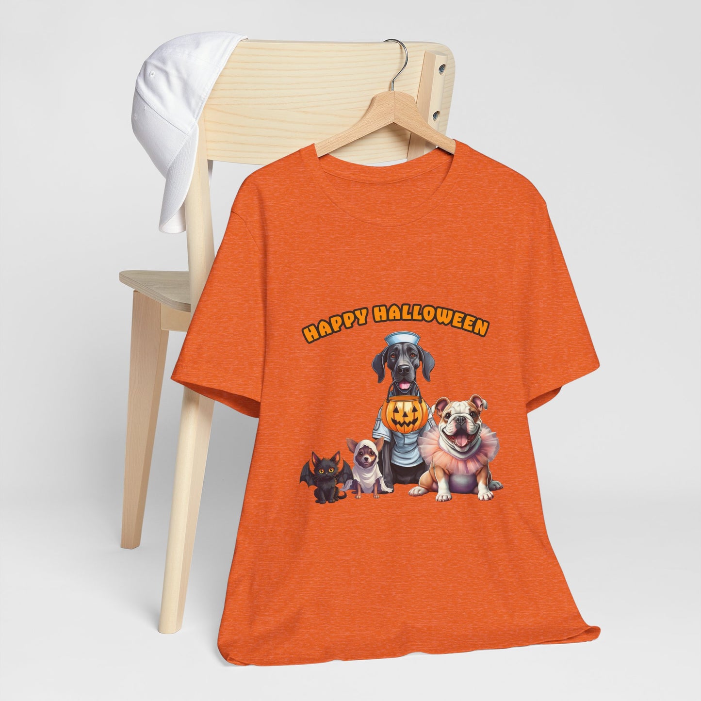 Happy Halloween Pet Parade Shirt – Cute Halloween Dogs and Cat in Costumes. Unisex Jersey Short Sleeve Tee
