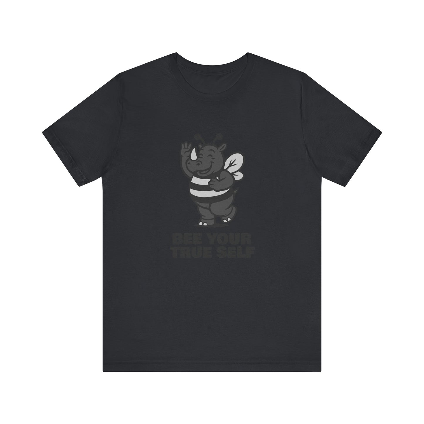 Bee Your True Self T-Shirt – Dark Theme Grayscale Rhino in Bee Costume on Black Tee with Wholesome Humor and Self-Expression Message. Unisex Jersey Short Sleeve Tee