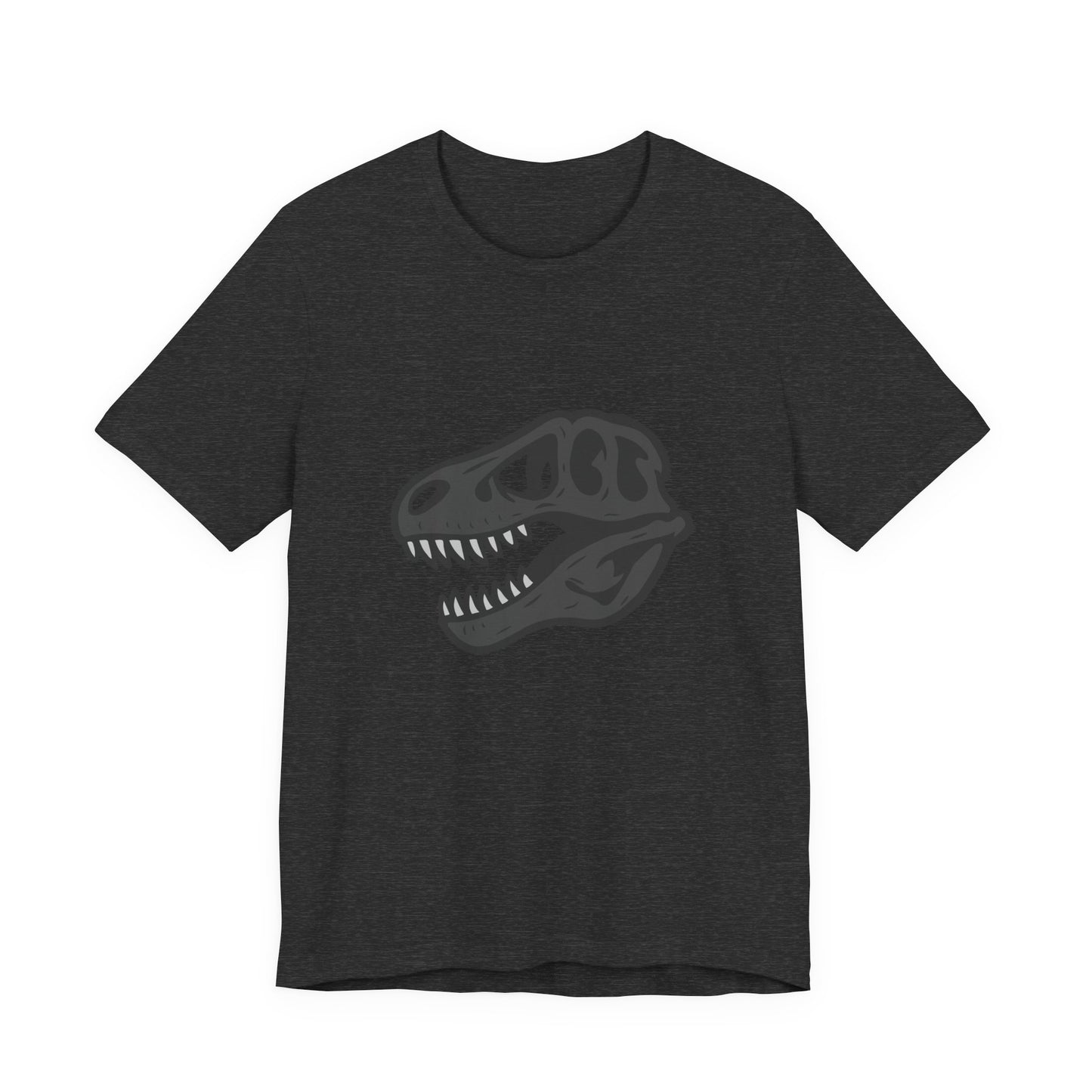 T-Rex Skull Graphic T-Shirt – Dark Theme Grayscale Dinosaur Skeleton Design on Black Tee with Prehistoric Edge and Modern Ghost Effect. Unisex Jersey Short Sleeve Tee