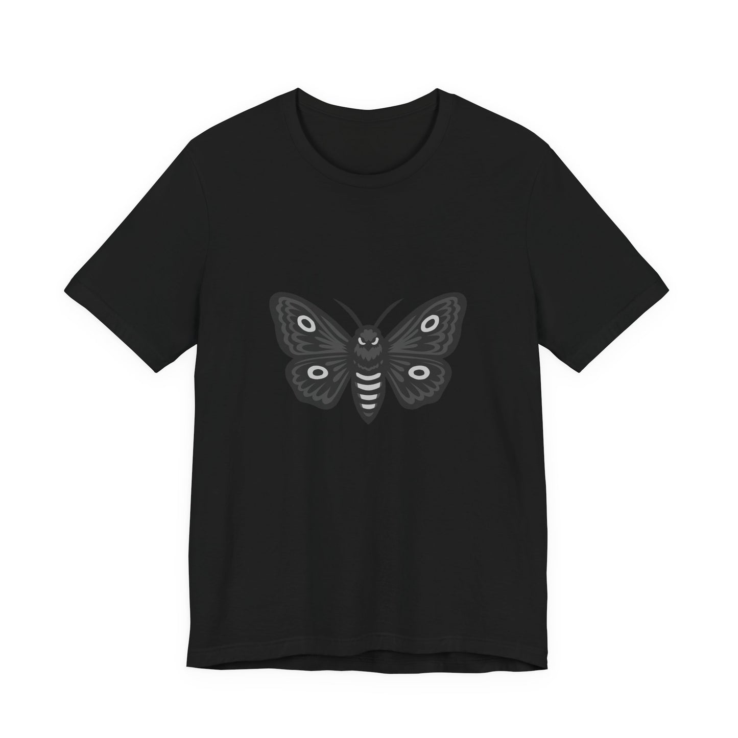 Moth Graphic T-Shirt – Dark Theme Grayscale Winged Insect Design on Black Tee with Gothic Mood and Subtle Modern Ghost Effect. Unisex Jersey Short Sleeve Tee