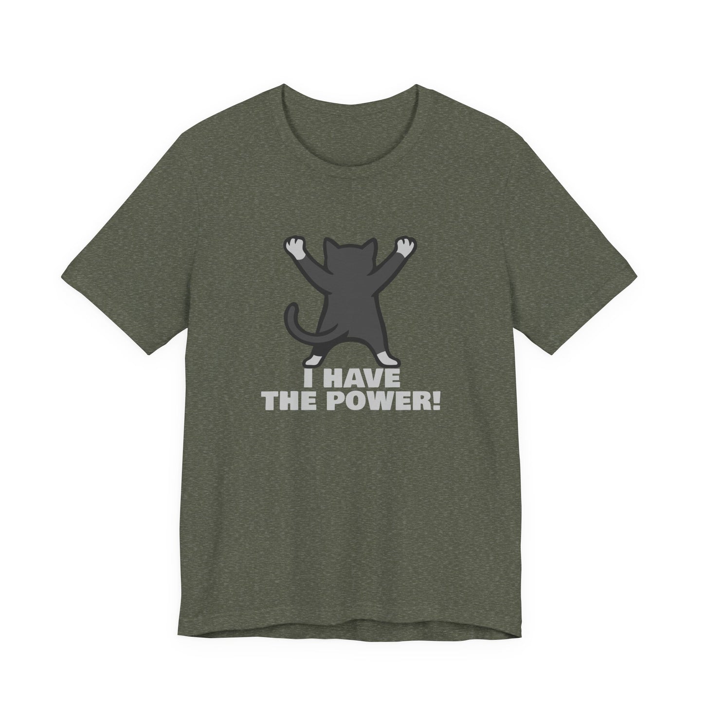 I Have the Power Cat Shirt – Hilarious Victory Pose in Dark Theme Feline Graphic Style. Unisex Jersey Short Sleeve Tee