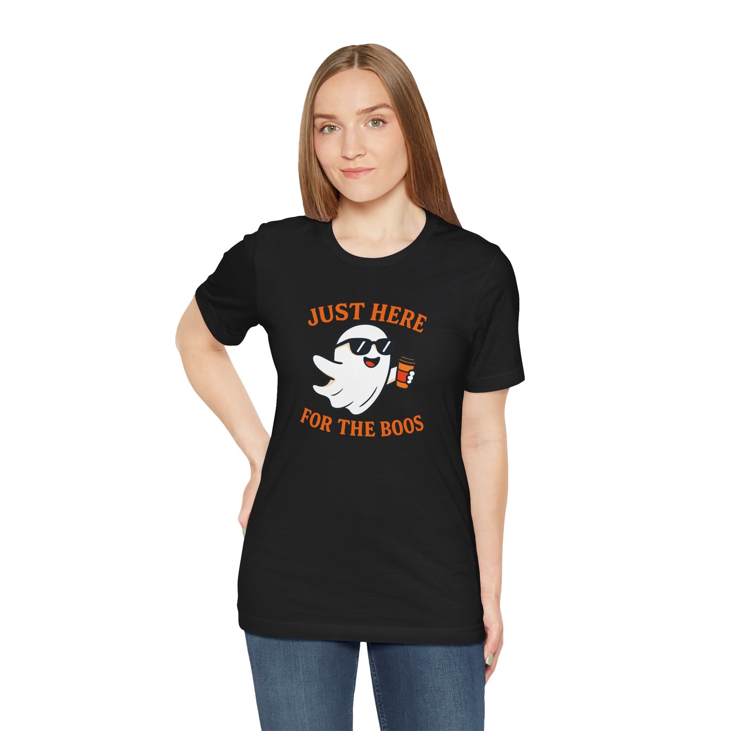 Just Here for the Boos Halloween Shirt – Funny Ghost Drinking Coffee Graphic Tee for Spooky Season