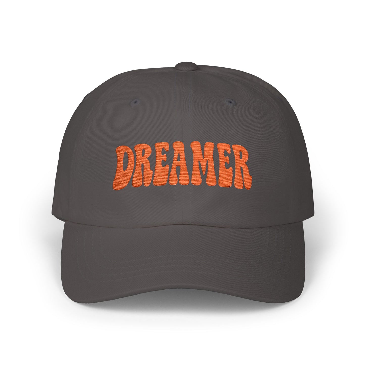 Dreamer Classic Dad Hat – Embroidered Minimalist Script Hat for Visionaries, Creatives, and Chill Daydreamers. Orange Letters