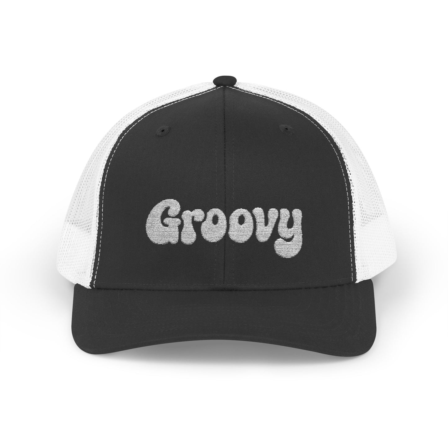 Groovy Trucker Hat – Retro Embroidered Hat with 70s Style Font for Funky Vibes, Chill Days, and Vintage Cool. White Letters