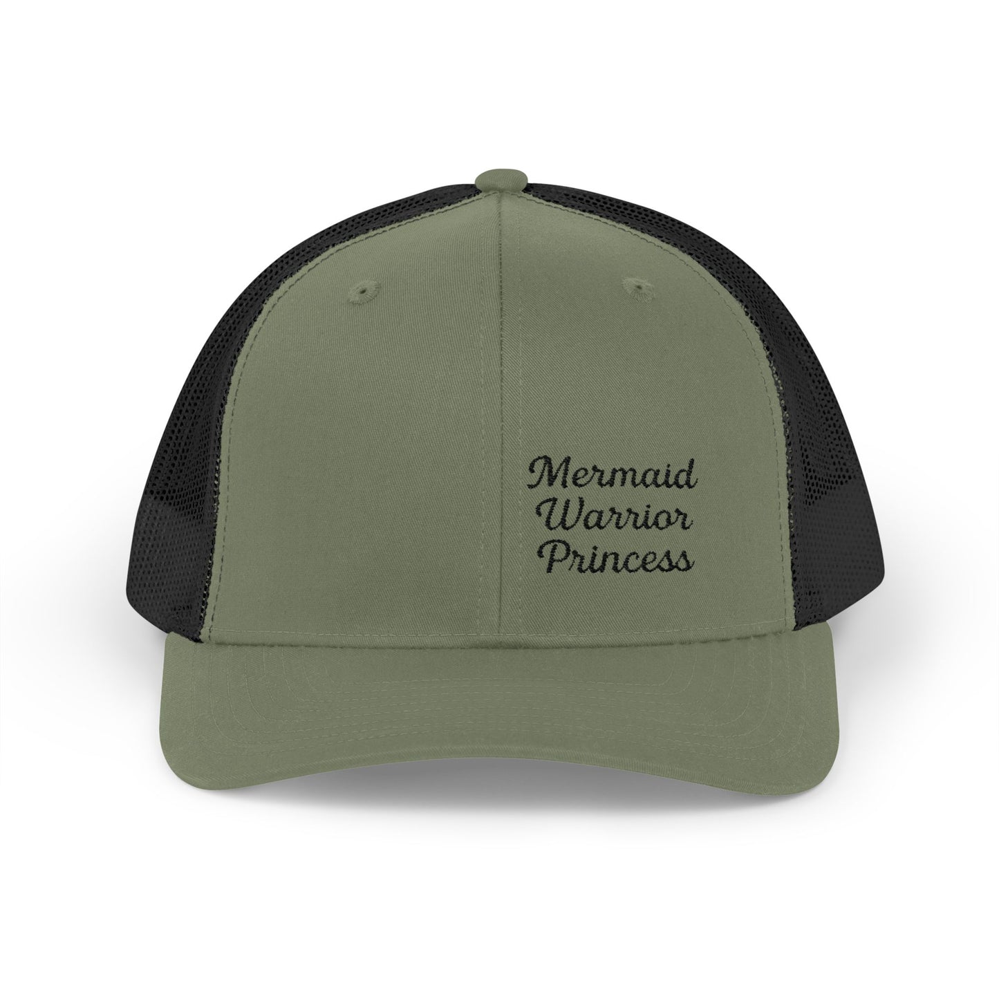 Mermaid Warrior Princess Trucker Hat – Embroidered Bold Text Hat for Magical Queens. Black Letters