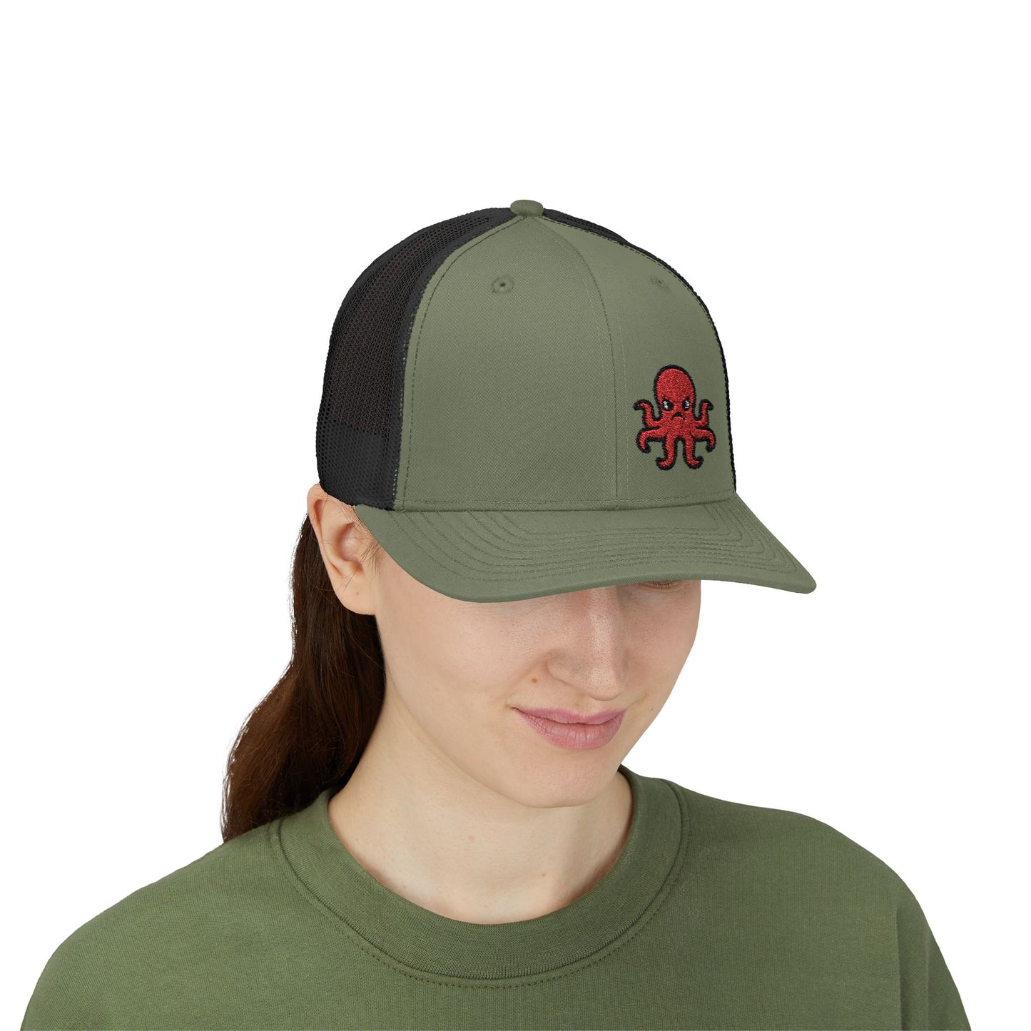 Angry Octopus Trucker Hat – Embroidered Red Sea Creature Hat with Cartoon Vibes and Bold Attitude