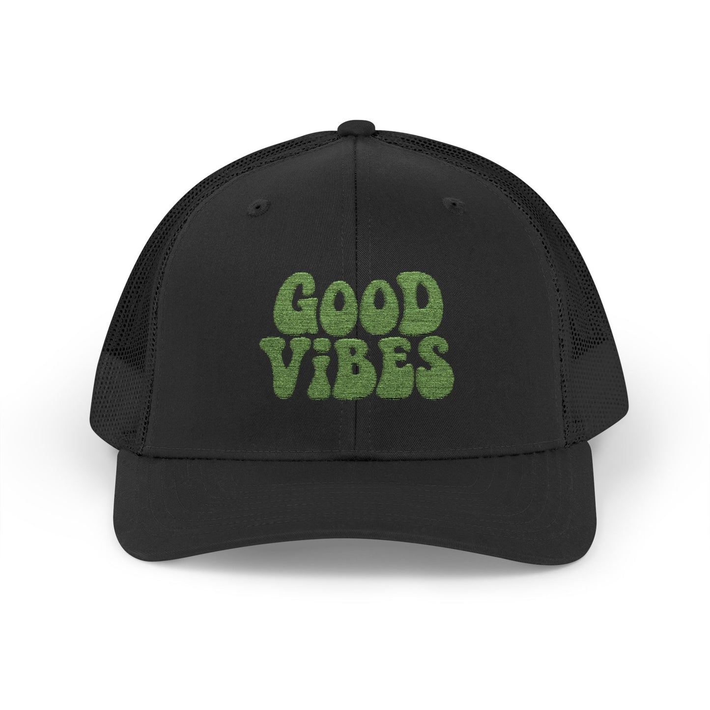 Good Vibes Trucker Hat – Embroidered Retro Text Hat for Positive Vibes, Chill Style, and Everyday Feel-Good Energy. Green Letters