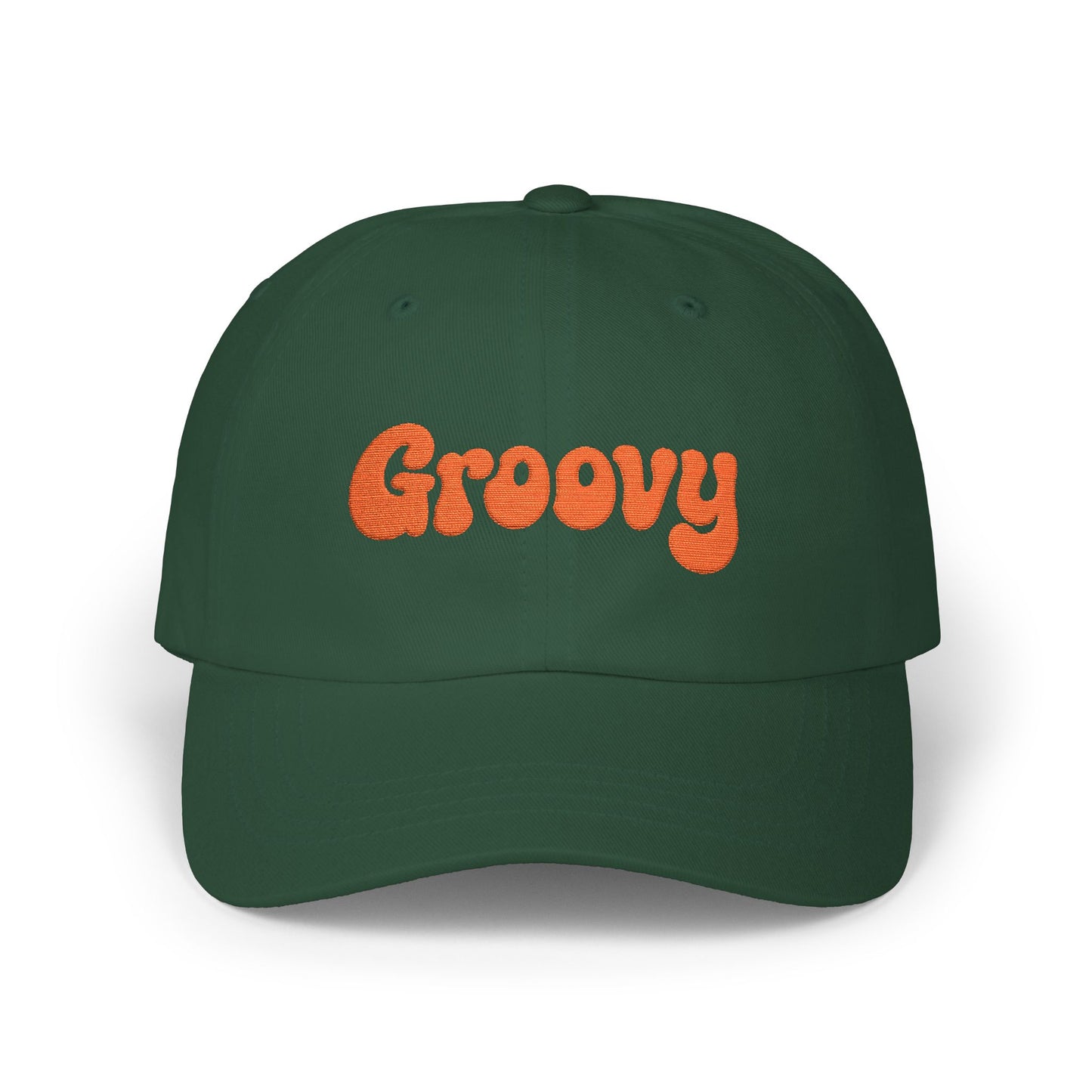 Groovy Classic Dad Hat – Retro Embroidered Hat with 70s Style Font for Funky Vibes, Chill Days, and Vintage Cool. Orange Letters