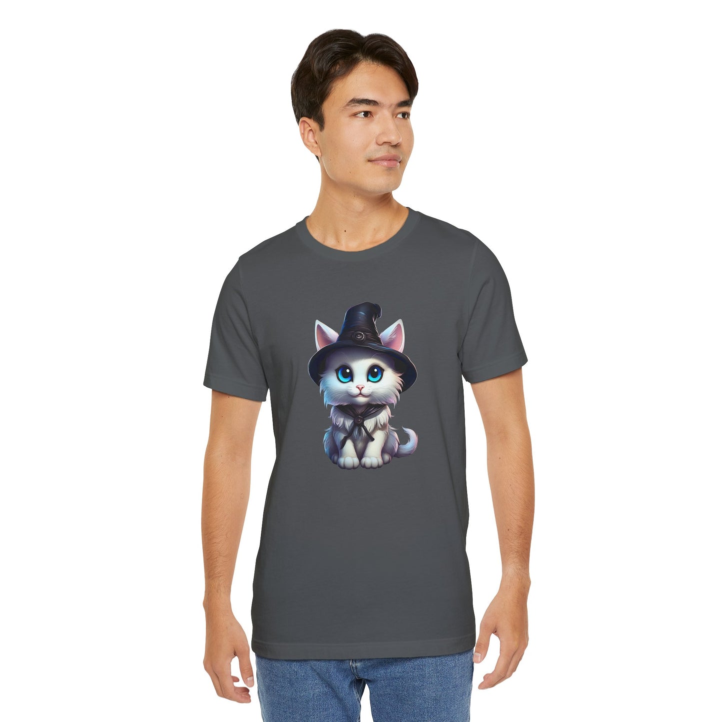 Adorable Witch Cat Halloween Shirt – Cute White Cat in Hat Graphic Tee for Cat Lovers and Halloween Fans