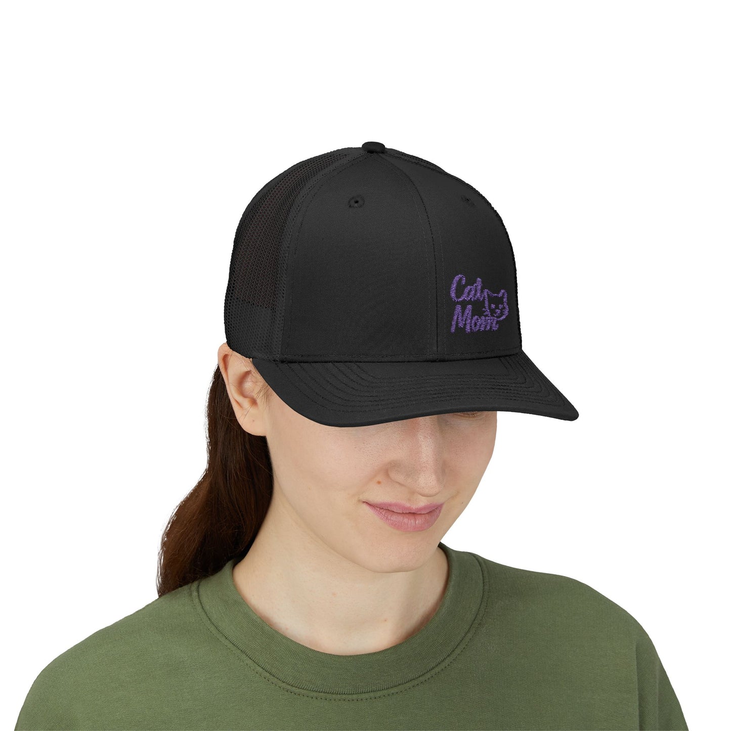 Cat Mom Trucker Hat – Embroidered Minimalist Cat Face Hat for Proud Pet Moms and Stylish Feline Fans. Purple Letters