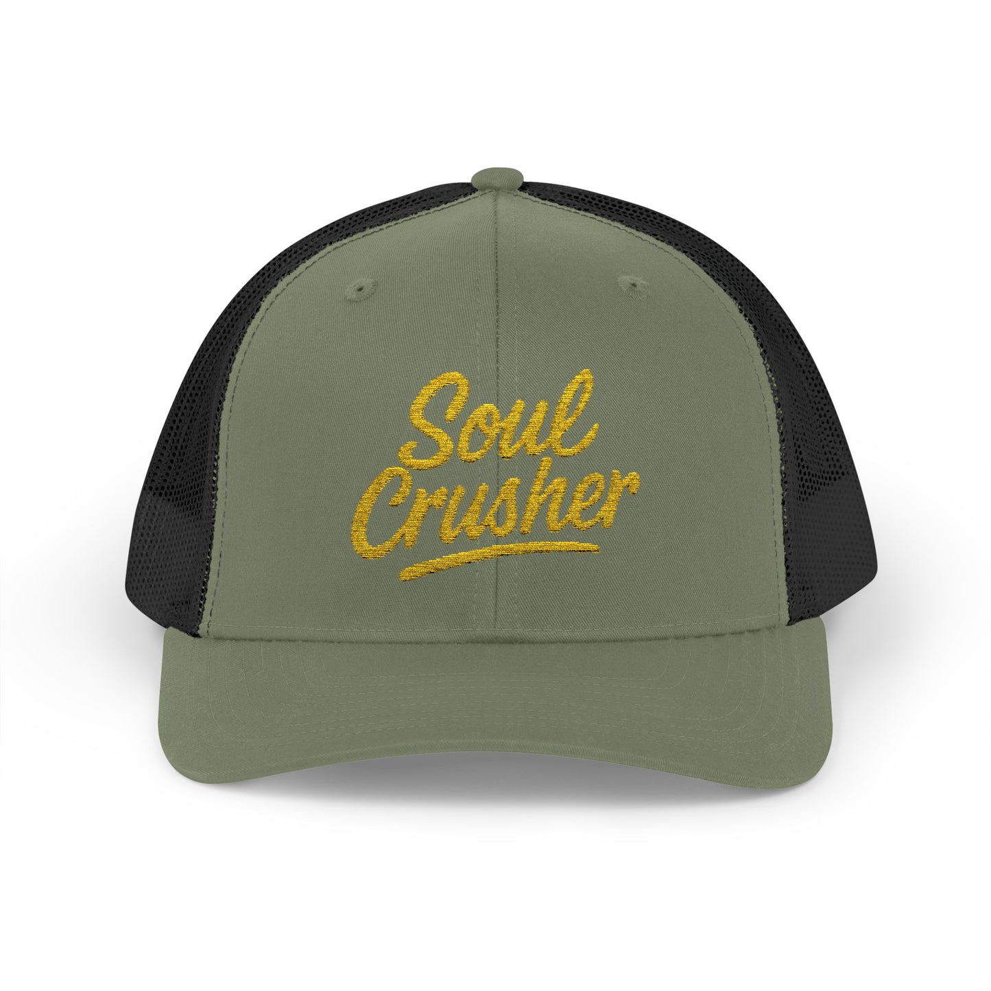 Soul Crusher Trucker Hat – Clean Script Hat with Bold Edge for Heartbreakers, Villains, and Power Moves. Yellow Letters