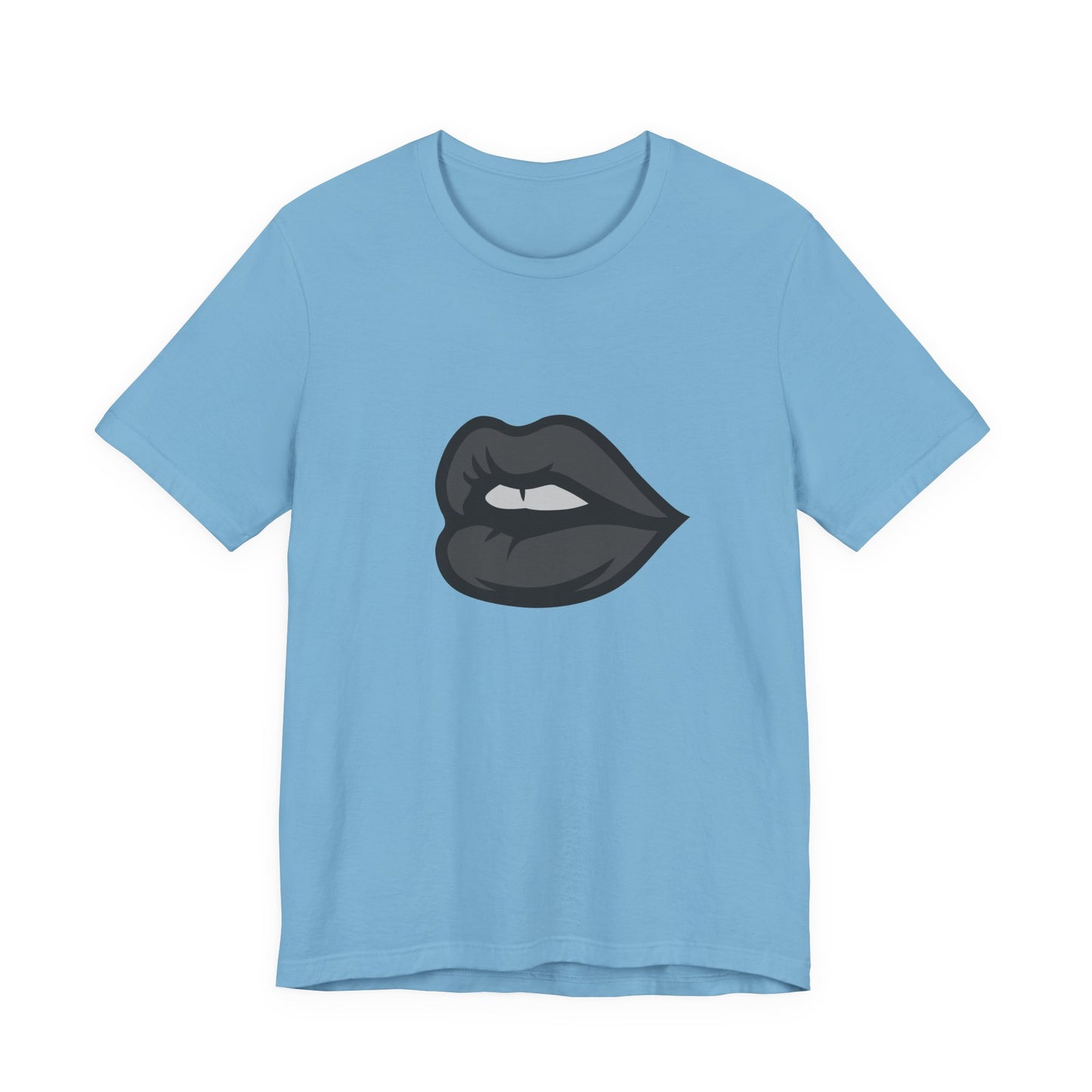 Dark Lips Graphic T-Shirt – Dark Theme Grayscale Biting Lip Design on Black Tee with Subtle Seduction and Modern Ghost Effect. Unisex Jersey Short Sleeve Tee