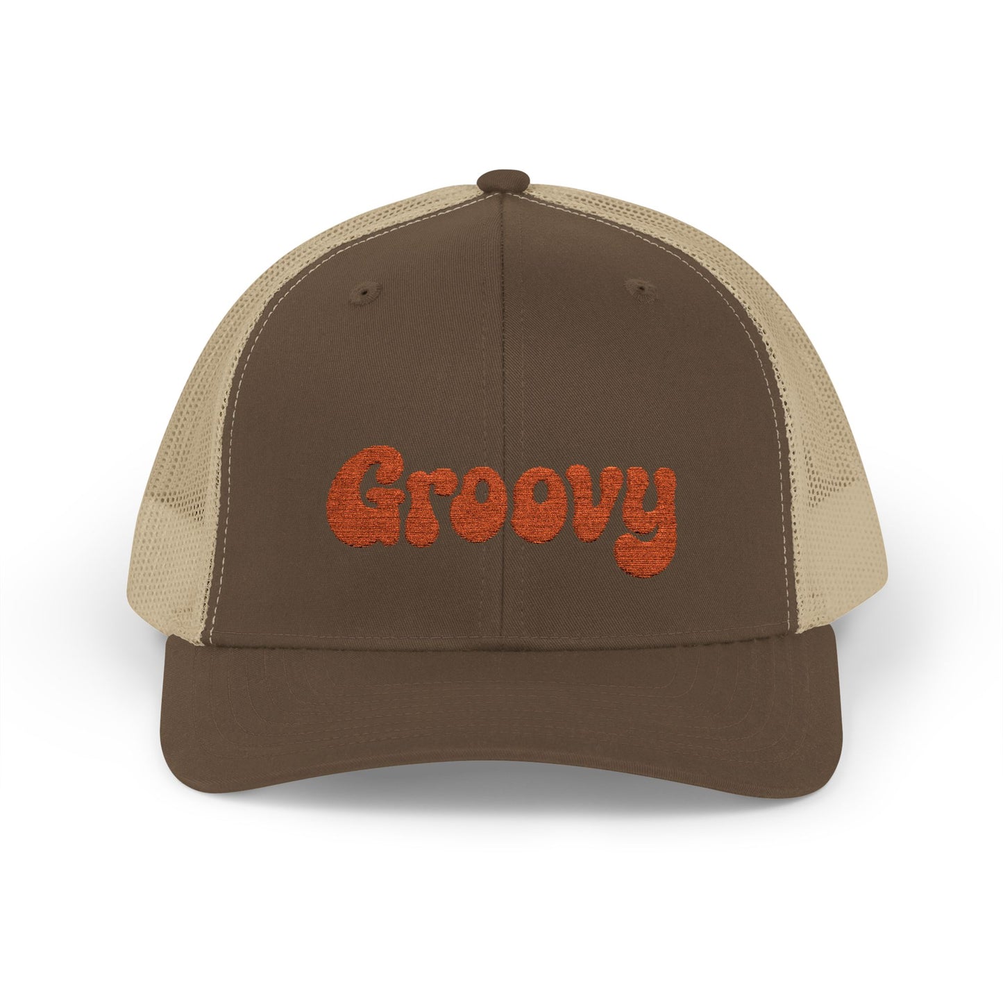 Groovy Trucker Hat – Retro Embroidered Hat with 70s Style Font for Funky Vibes, Chill Days, and Vintage Cool. Orange Letters