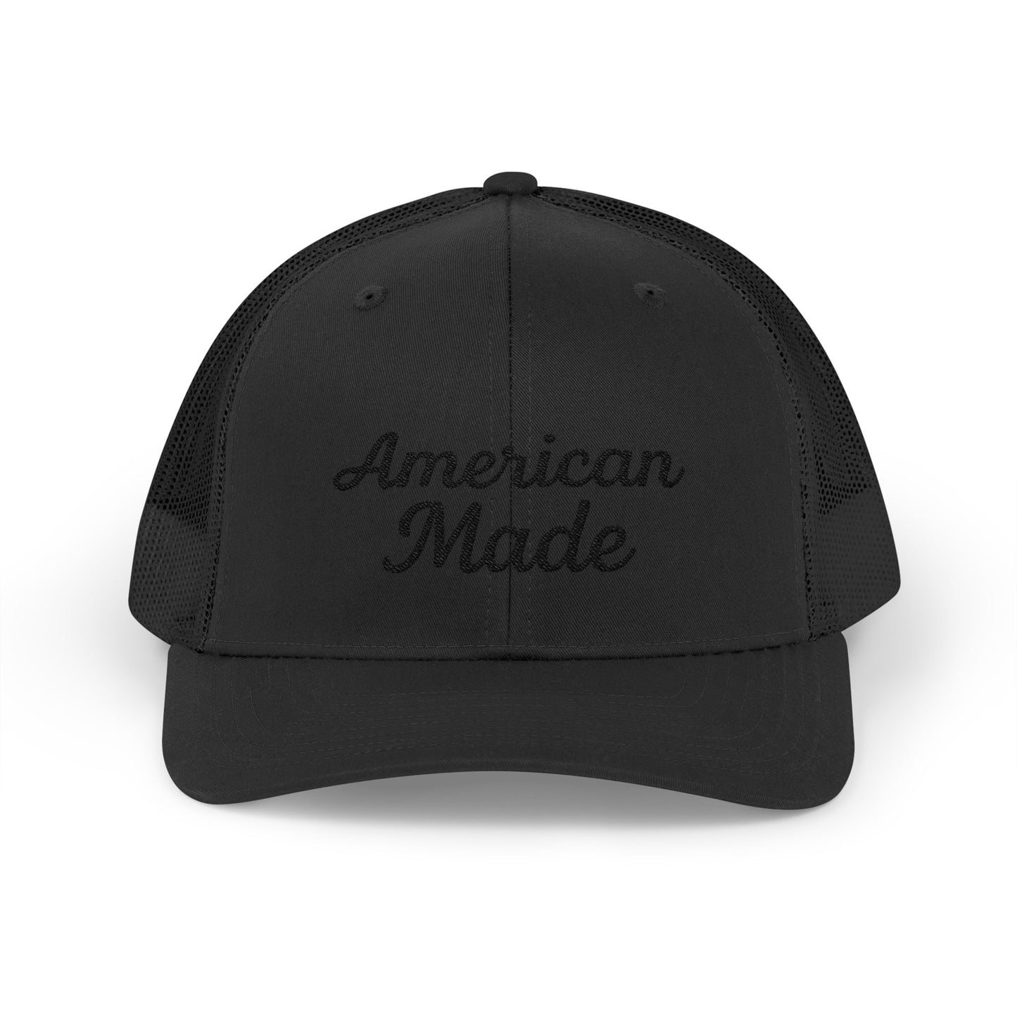 American Made Trucker Hat – Embroidered Patriotic Hat with Retro Script for USA Pride and Everyday Freedom. Black Letters