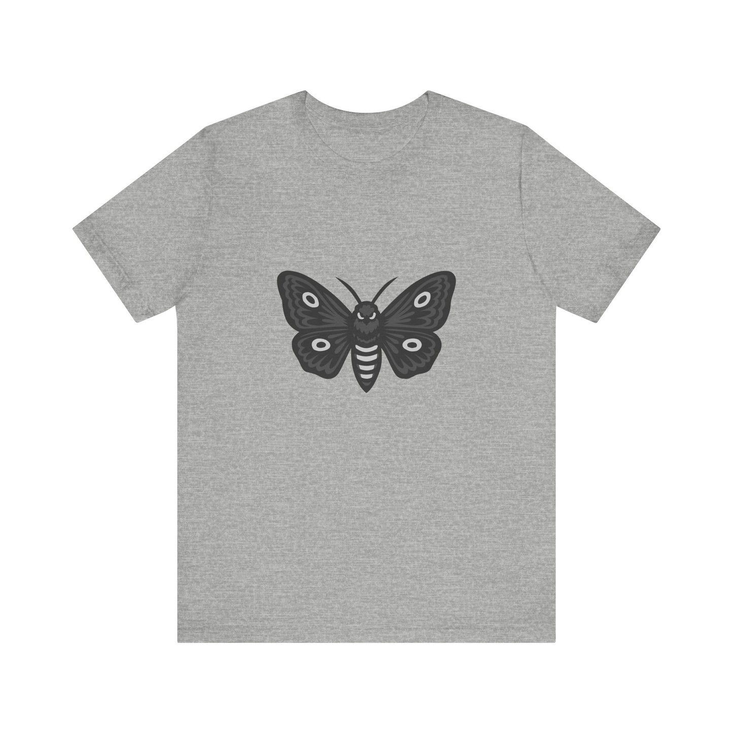 Moth Graphic T-Shirt – Dark Theme Grayscale Winged Insect Design on Black Tee with Gothic Mood and Subtle Modern Ghost Effect. Unisex Jersey Short Sleeve Tee