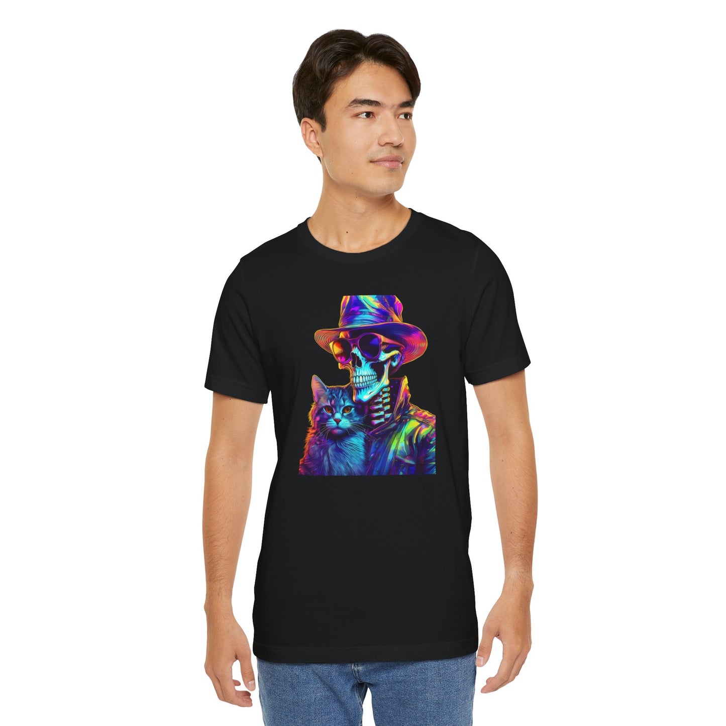Cool Skeleton and Cat Halloween Shirt – Neon Retro Horror Graphic Tee for Spooky Style and Cat Lovers