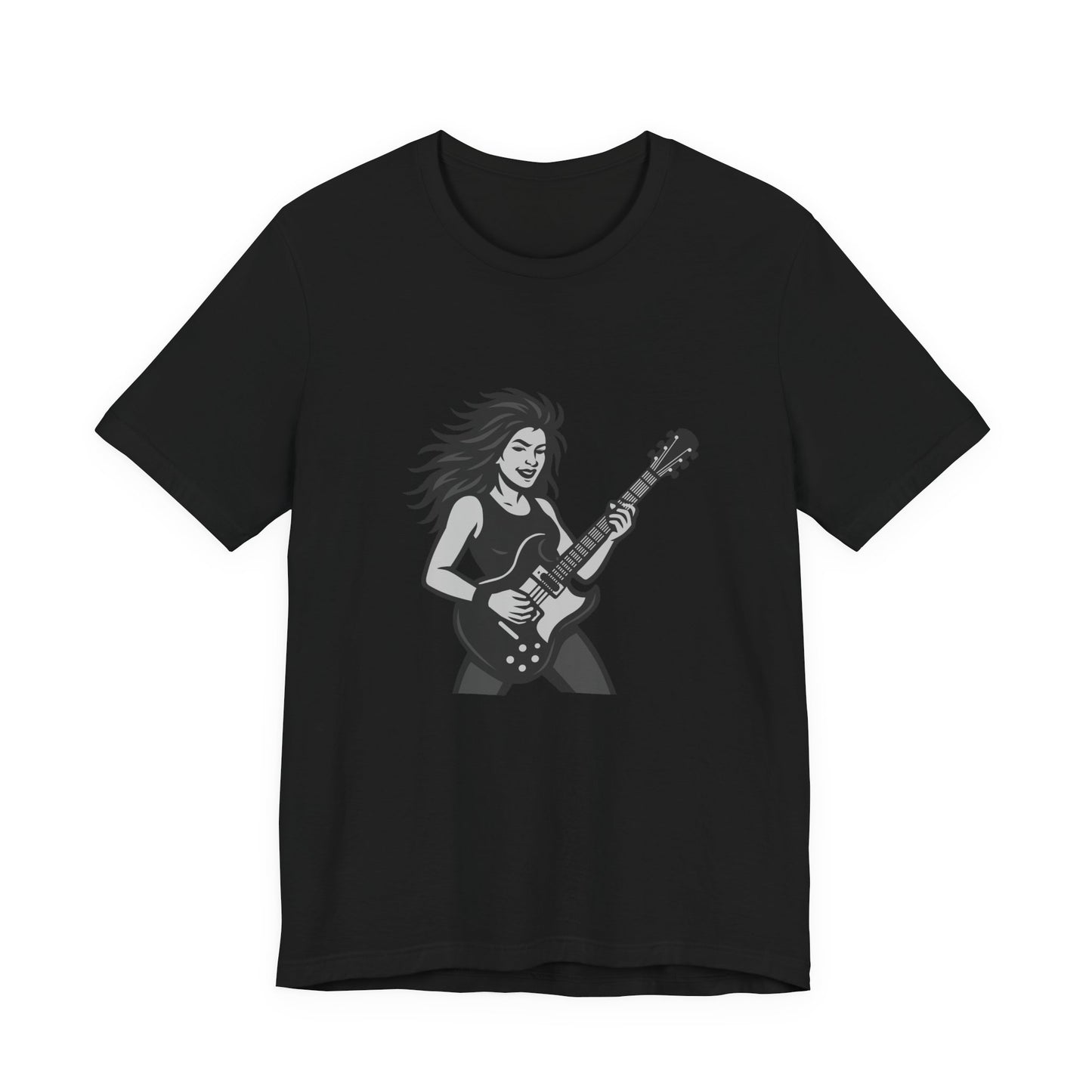 Rock Guitar Girl Graphic T-Shirt – Dark Theme Grayscale Electric Guitarist Design on Black Tee with Music Attitude and Modern Ghost Effect. Unisex Jersey Short Sleeve Tee