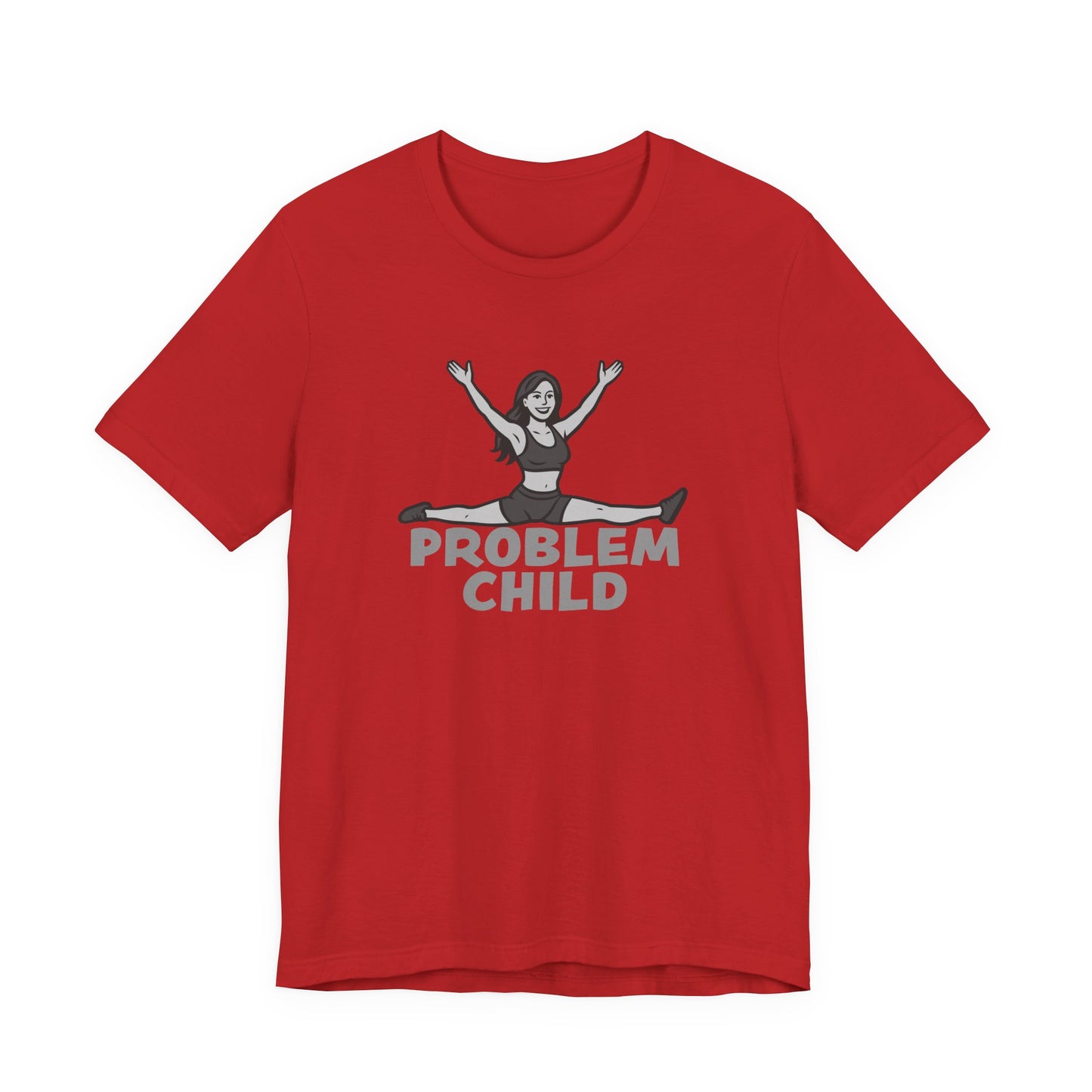 Problem Child Graphic Tee Cheerful Rebel Jump Pose in Bold Dark Theme Monochrome Style. Unisex Jersey Short Sleeve Tee