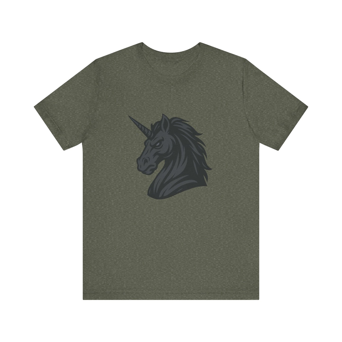 Dark Unicorn Profile T-Shirt – Dark Theme Grayscale Fierce Mythical Horse Design on Black Tee with Gothic Magic and Modern Ghost Effect. Unisex Jersey Short Sleeve Tee