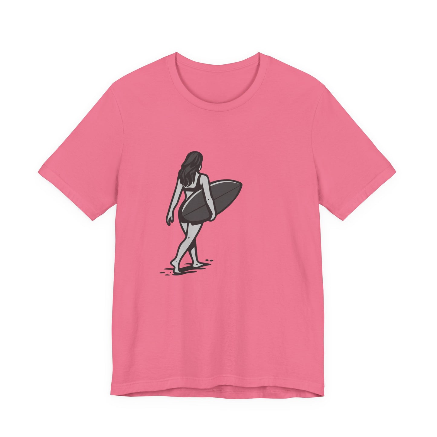 Surfer Girl Walking Graphic T-Shirt – Dark Theme Grayscale Beach Scene on Black Tee with Coastal Calm and Modern Ghost Effect. Unisex Jersey Short Sleeve Tee