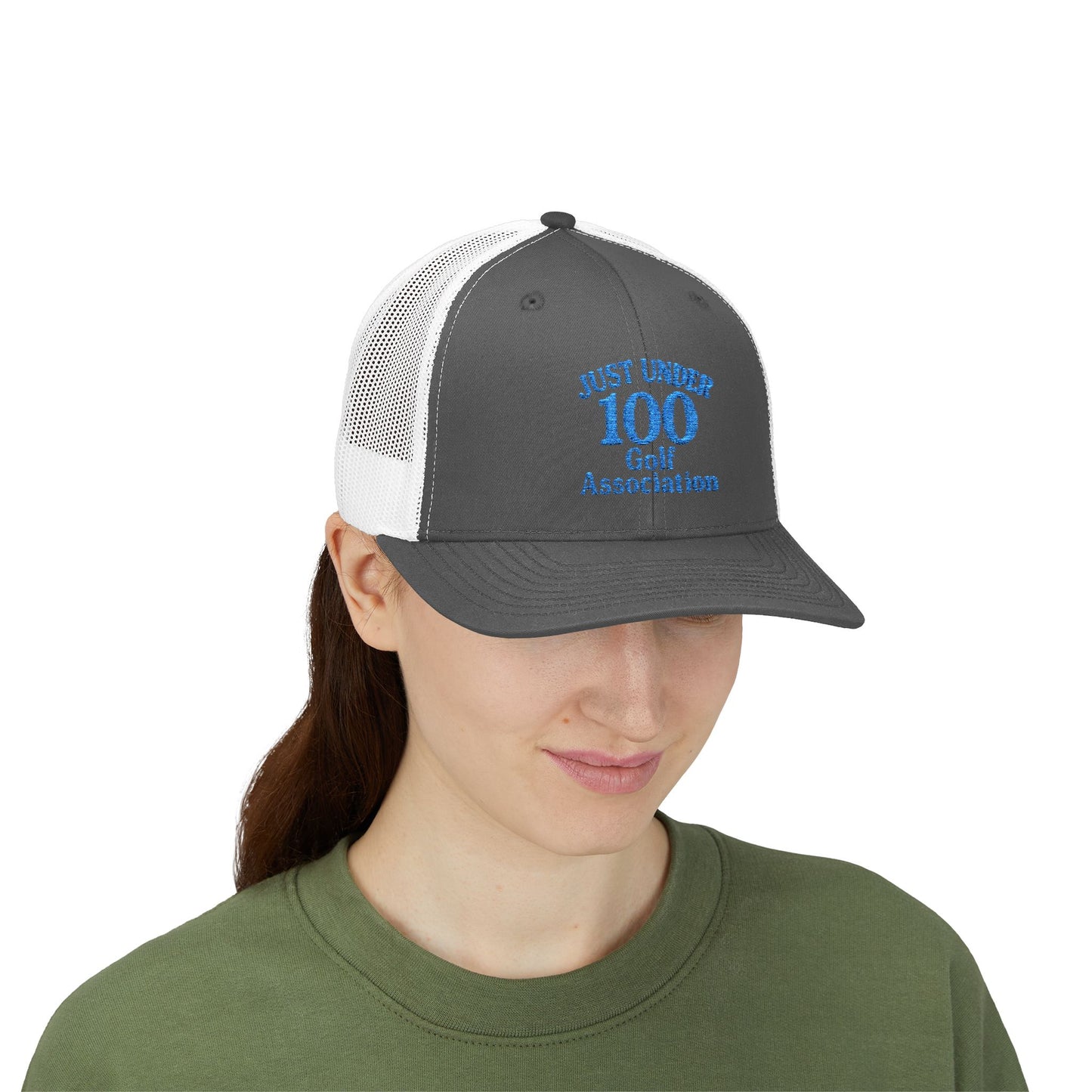 Just Under 100 Golf Trucker Hat – Embroidered Funny Golf Hat for Weekend Golfers and Casual Fairway Vibes. Blue Letters