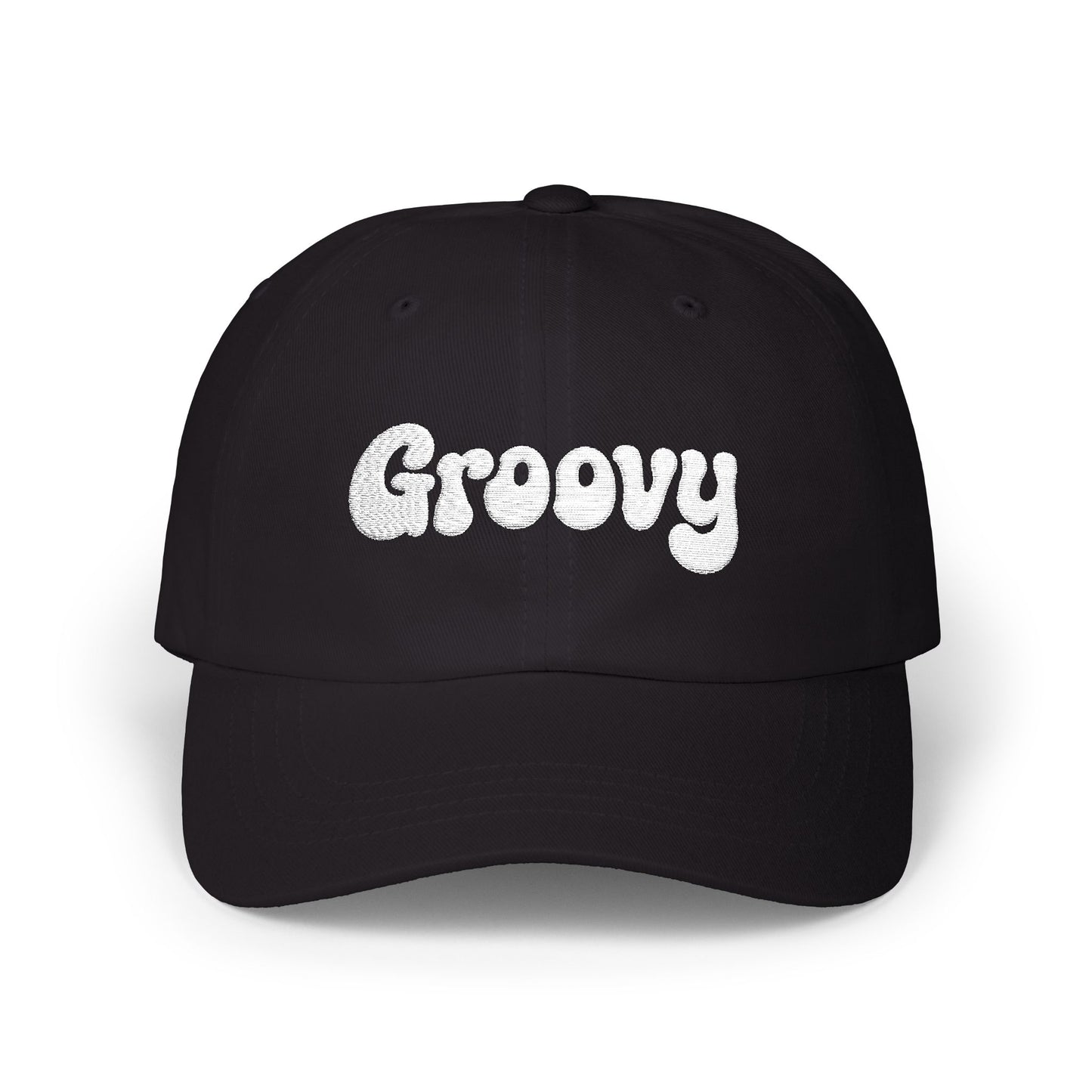 Groovy Classic Dad Hat – Retro Embroidered Hat with 70s Style Font for Funky Vibes, Chill Days, and Vintage Cool. White Letters
