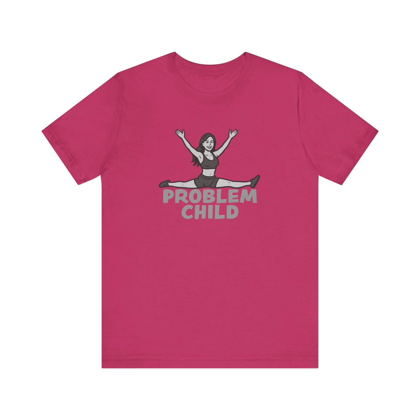 Problem Child Graphic Tee Cheerful Rebel Jump Pose in Bold Dark Theme Monochrome Style. Unisex Jersey Short Sleeve Tee
