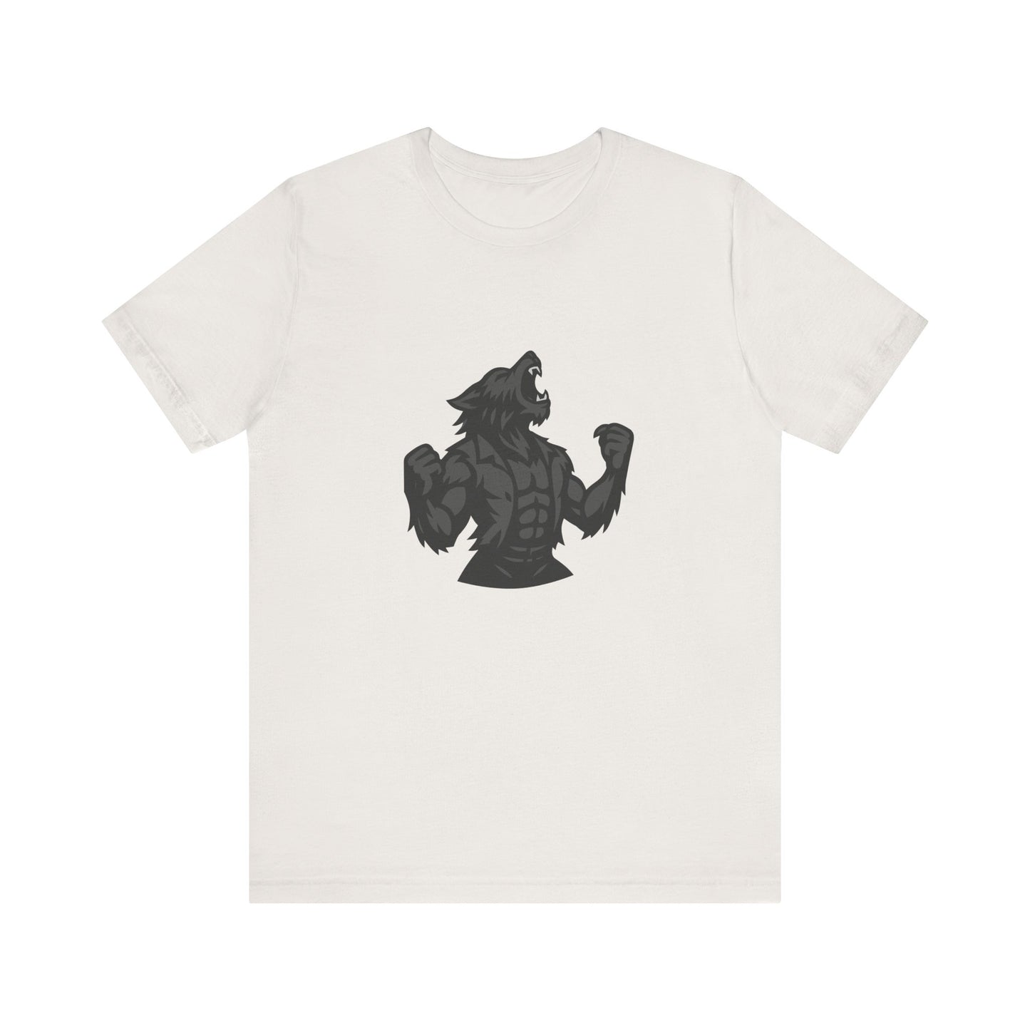 Werewolf Transformation T-Shirt – Dark Theme Grayscale Muscular Monster Design on Black Tee with Savage Energy and Modern Ghost Effect. Unisex Jersey Short Sleeve Tee